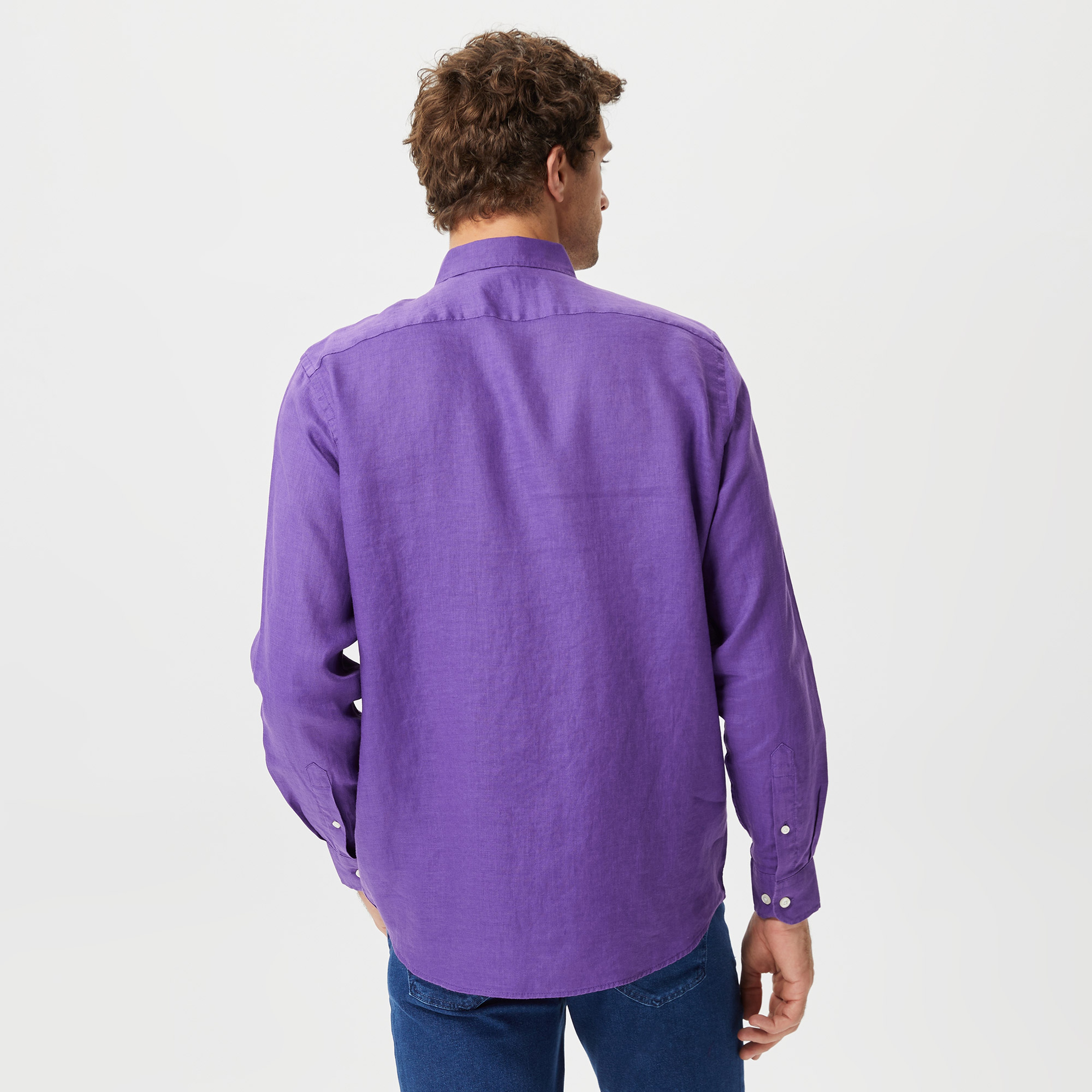 Nautica Erkek Mor Classic Fit Uzun Kollu Keten Gömlek