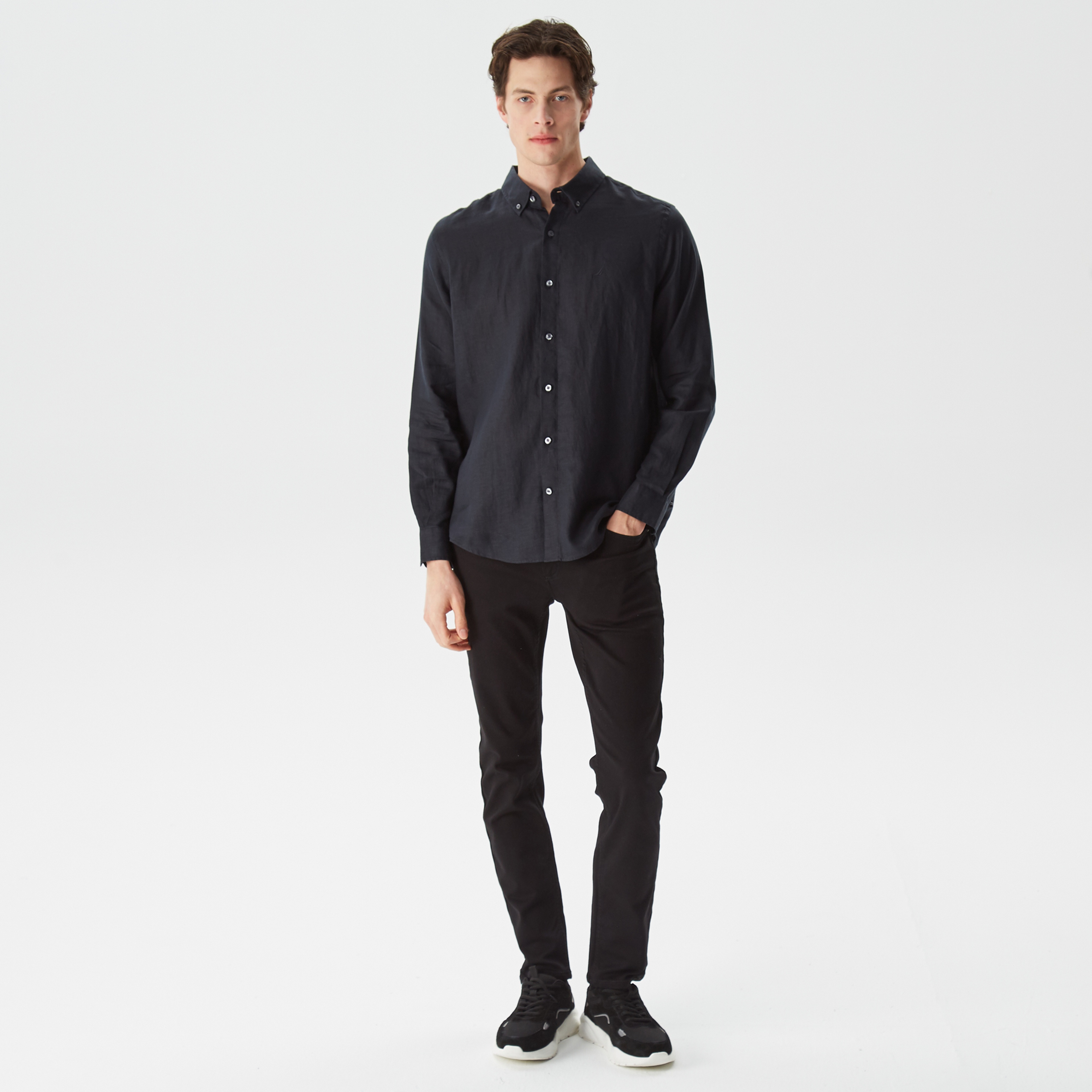 Nautica Erkek Siyah Classic Fit Uzun Kollu Keten Gömlek