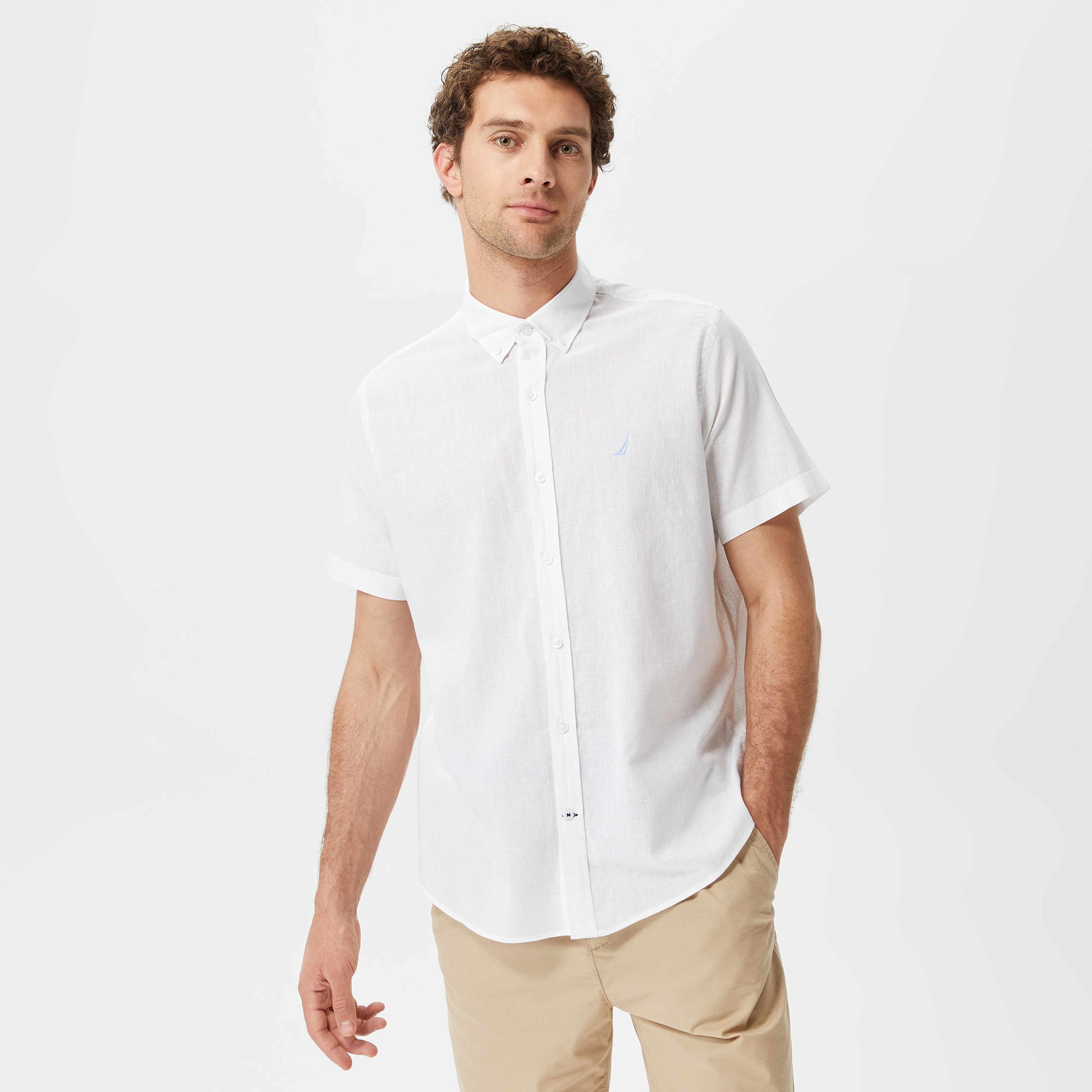 Nautica Erkek Beyaz Classic Fit Kısa Kollu Keten Gömlek