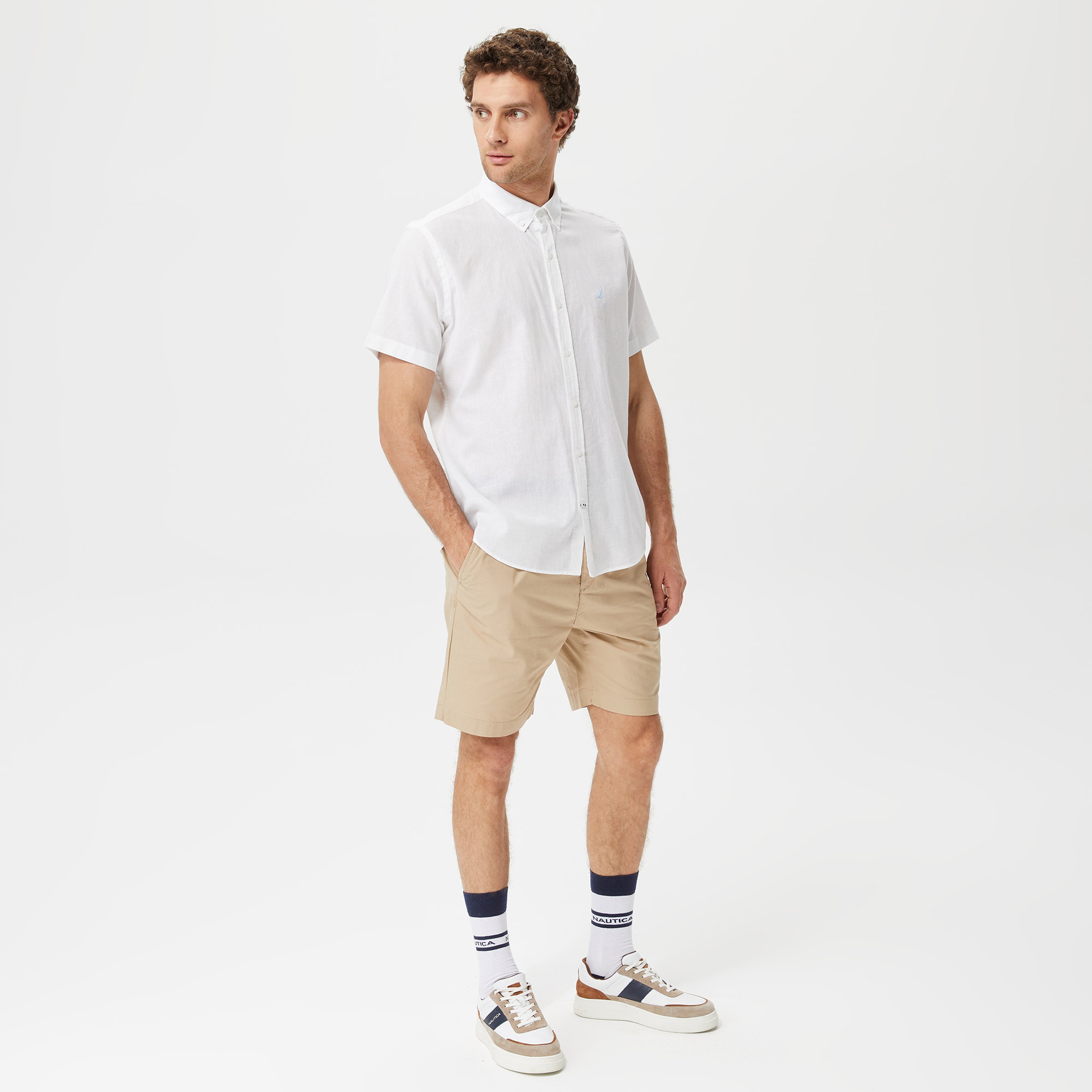 Nautica Erkek Beyaz Classic Fit Kısa Kollu Keten Gömlek