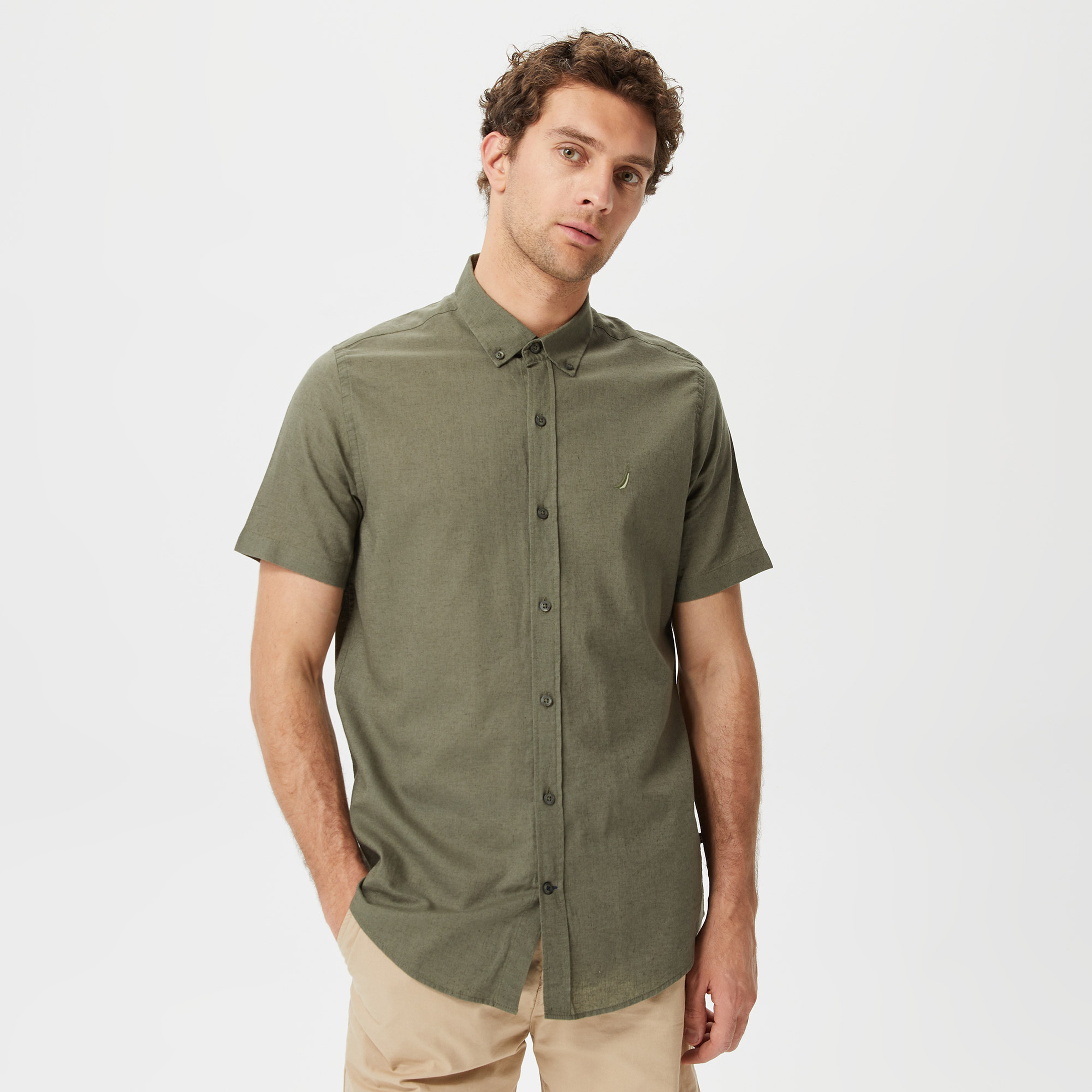Nautica Erkek Yeşil Classic Fit Kısa Kollu Keten Gömlek