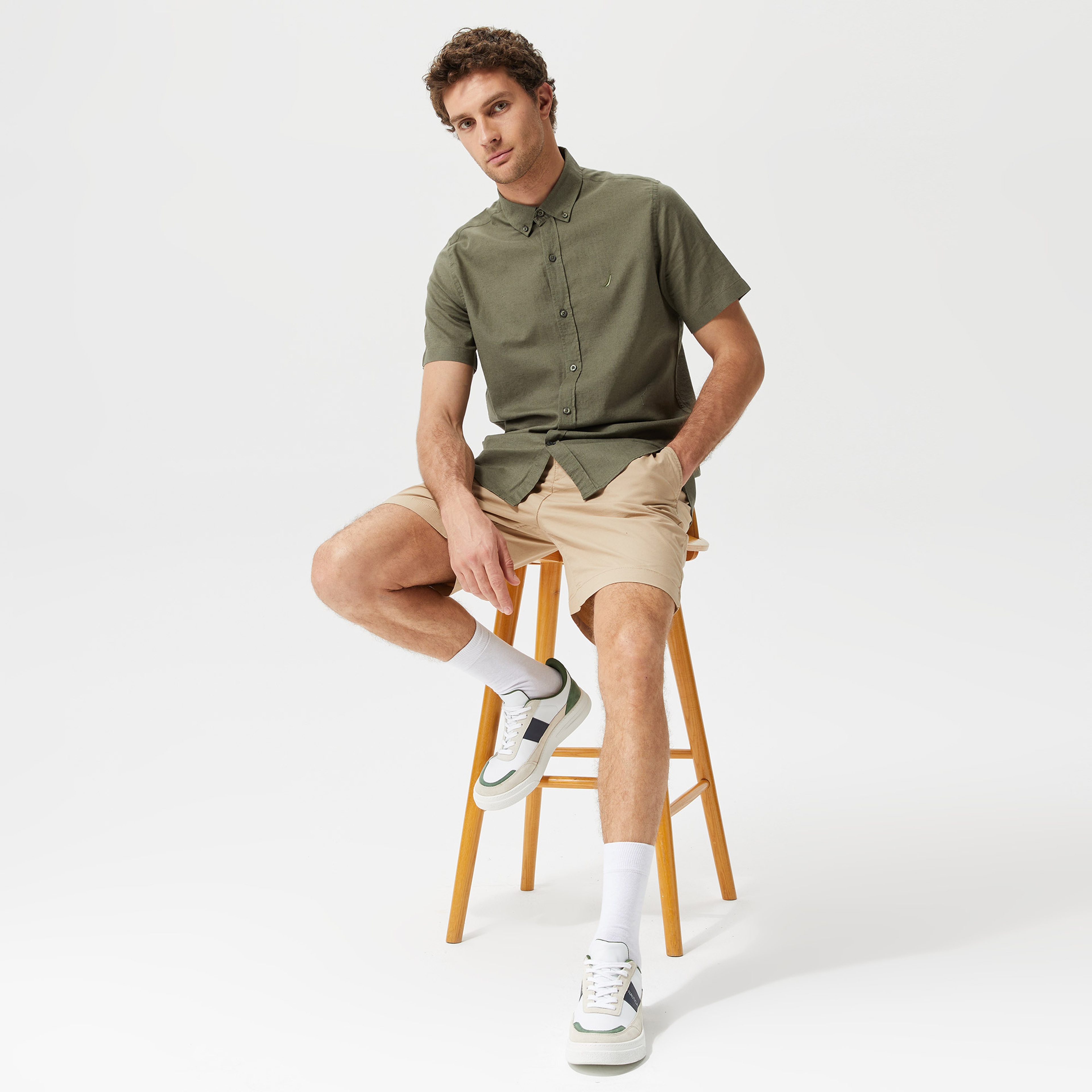 Nautica Erkek Yeşil Classic Fit Kısa Kollu Keten Gömlek