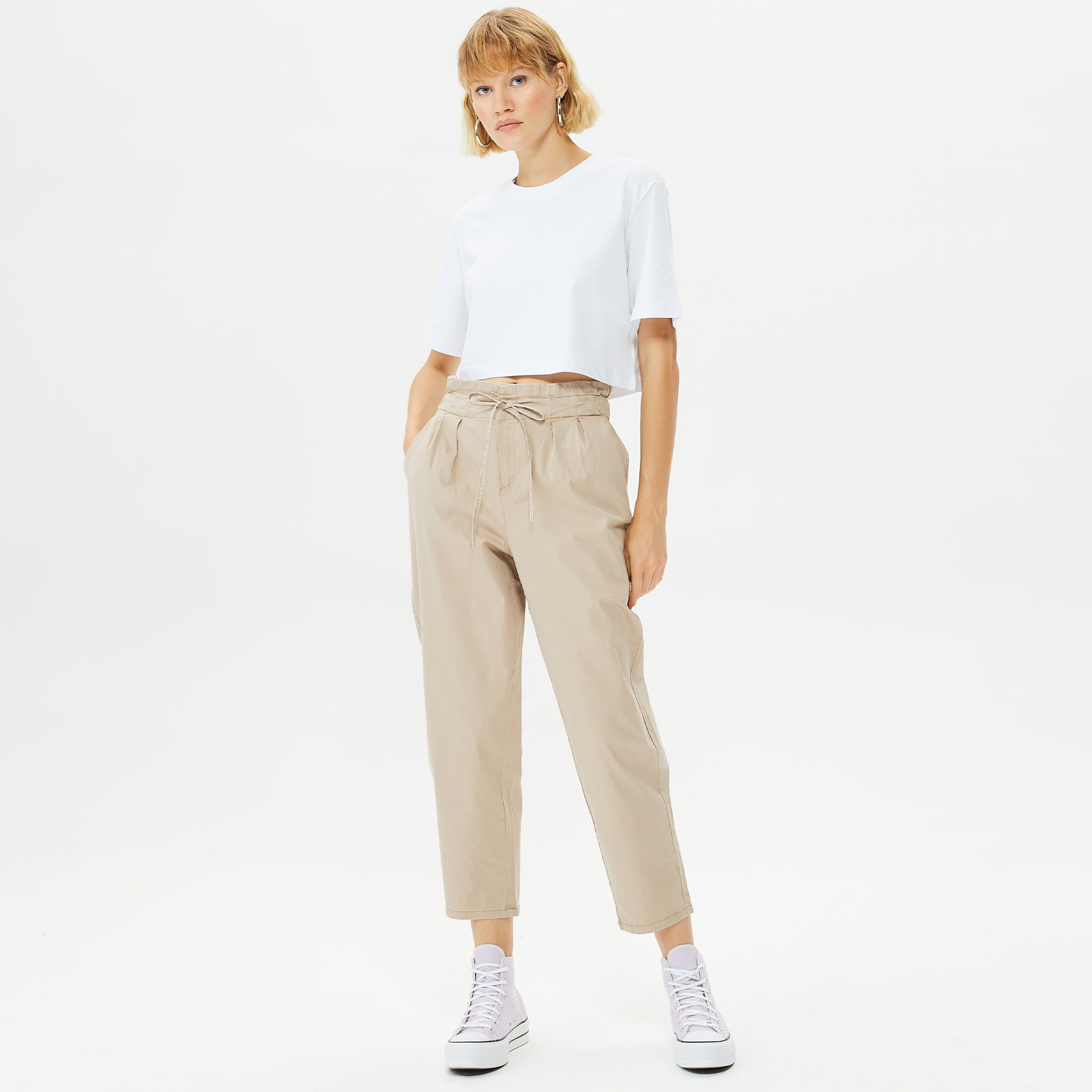 Vero Moda Evany Yüksek Bel Loose Ankle Kadın Bej Pantolon