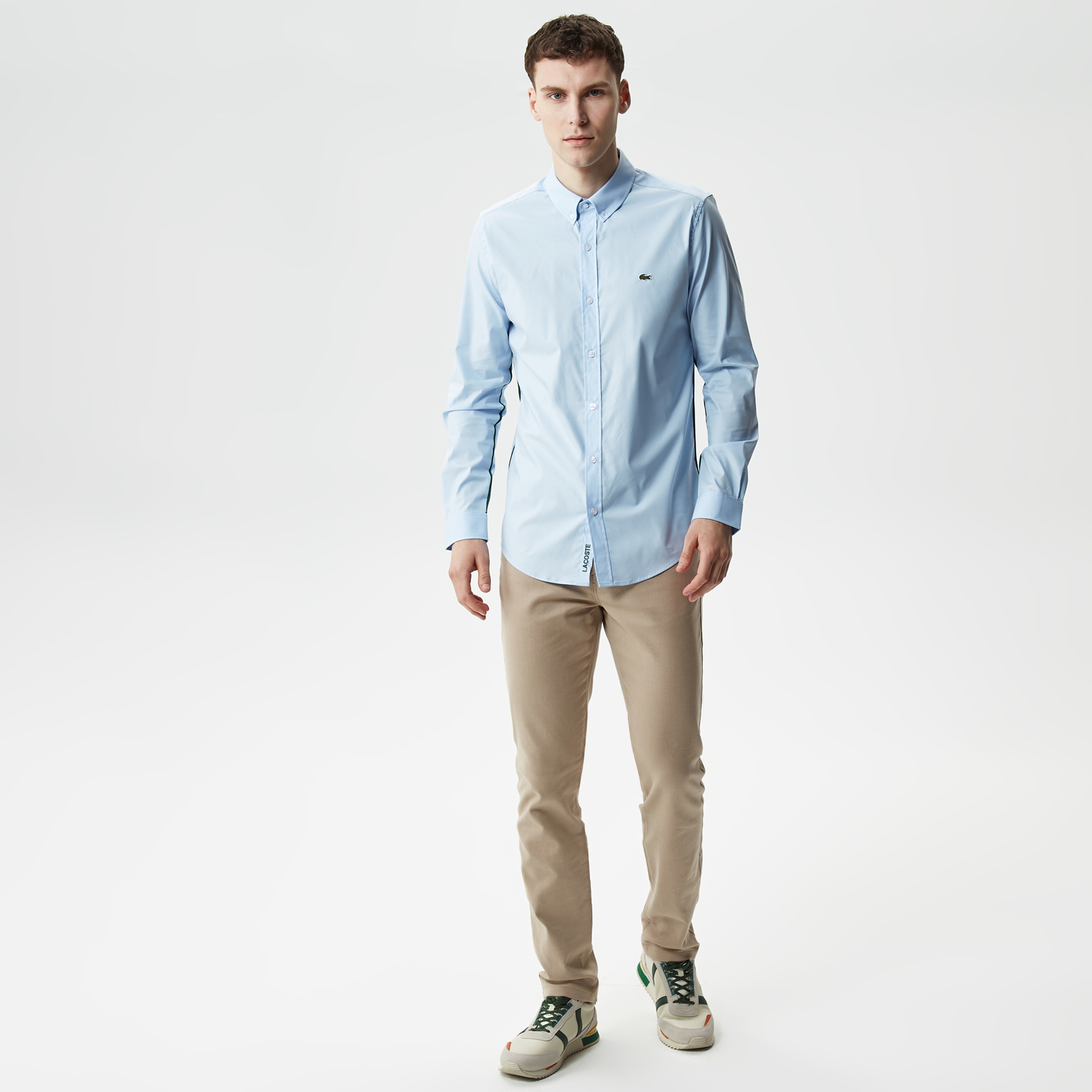 Erkek Slim Fit Düğmeli Yaka Mavi Gömlek