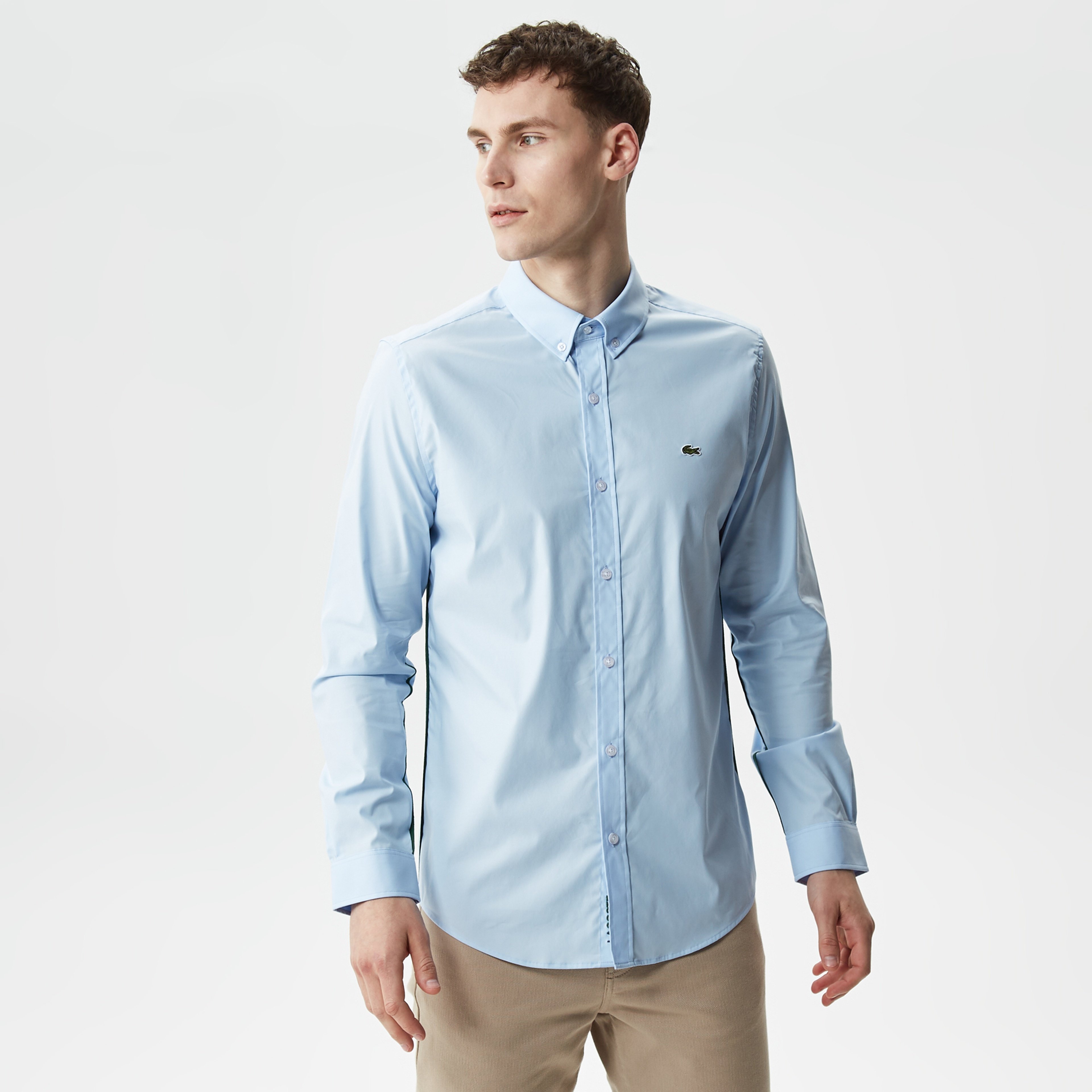 Erkek Slim Fit Düğmeli Yaka Mavi Gömlek