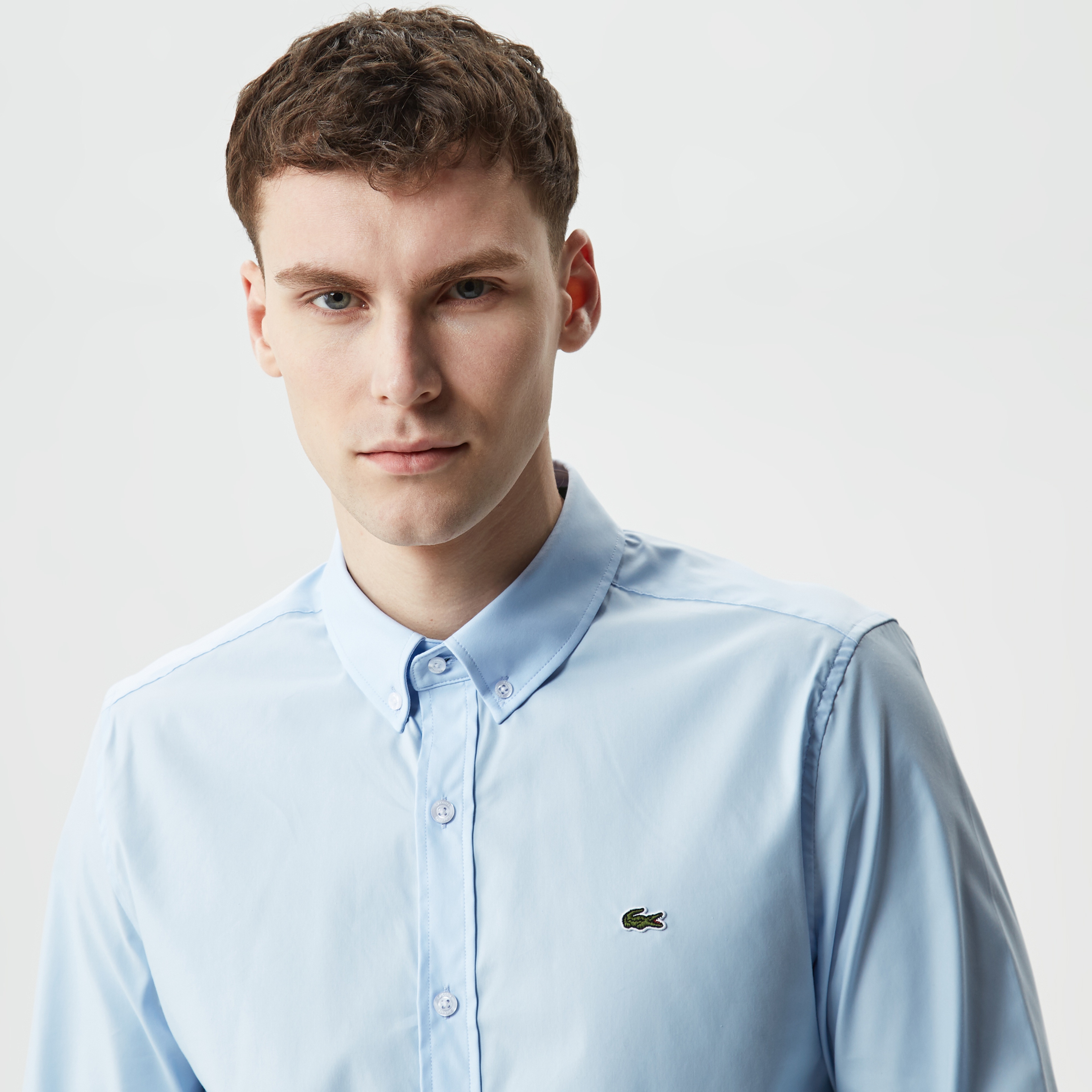 Erkek Slim Fit Düğmeli Yaka Mavi Gömlek