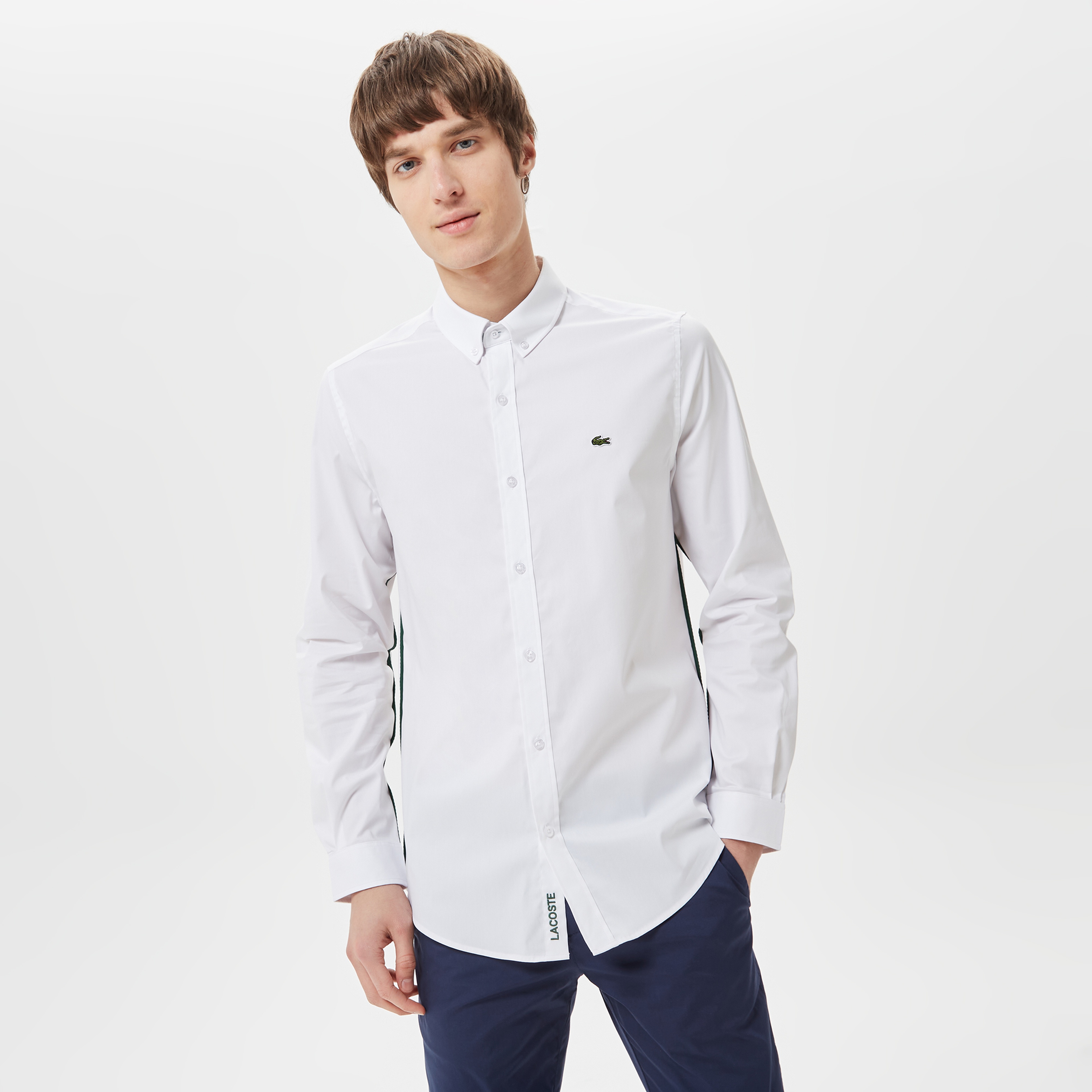 Erkek Slim Fit Düğmeli Yaka Beyaz Gömlek