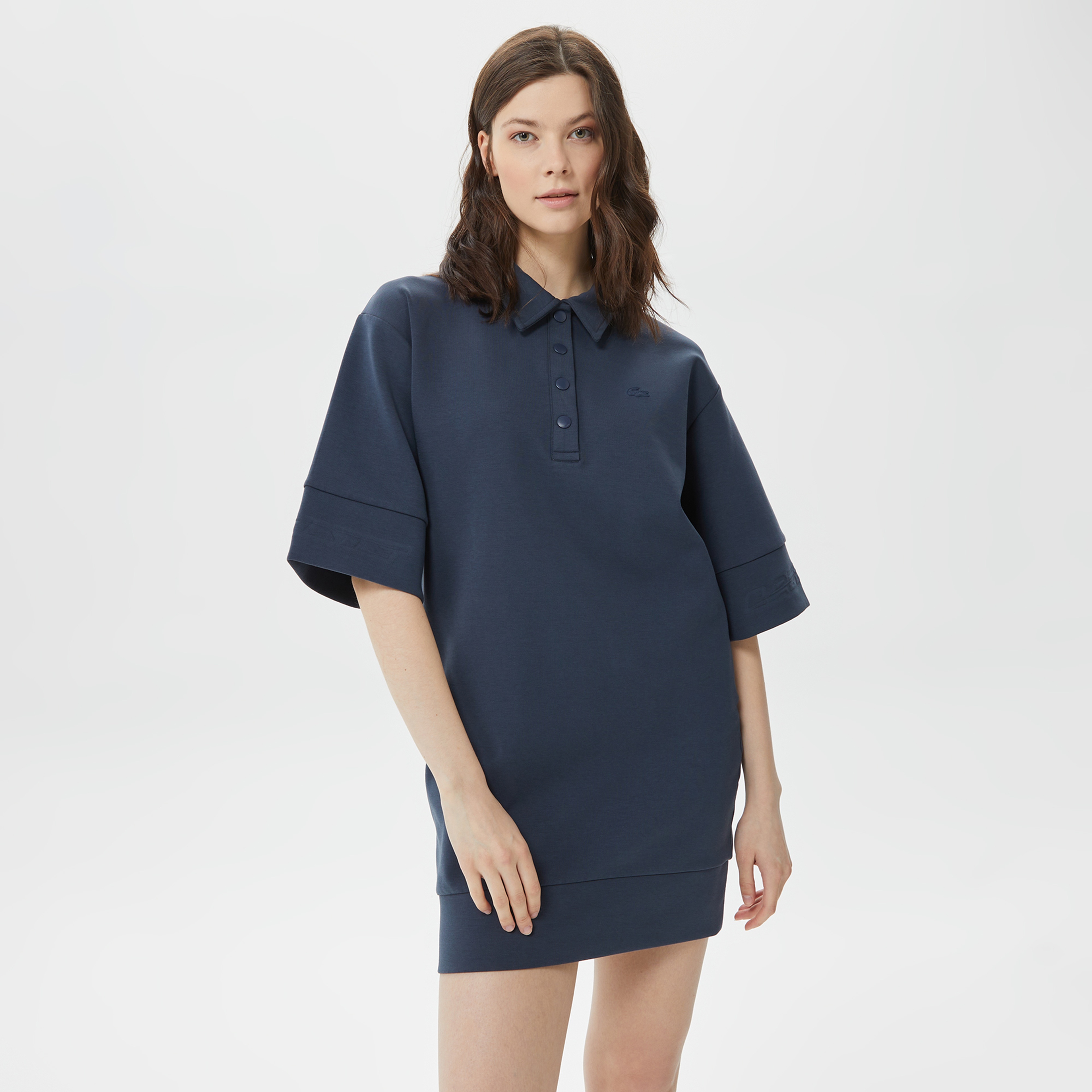 Kadın Loose Fit Kısa Kollu Polo Yaka Lacivert Elbise