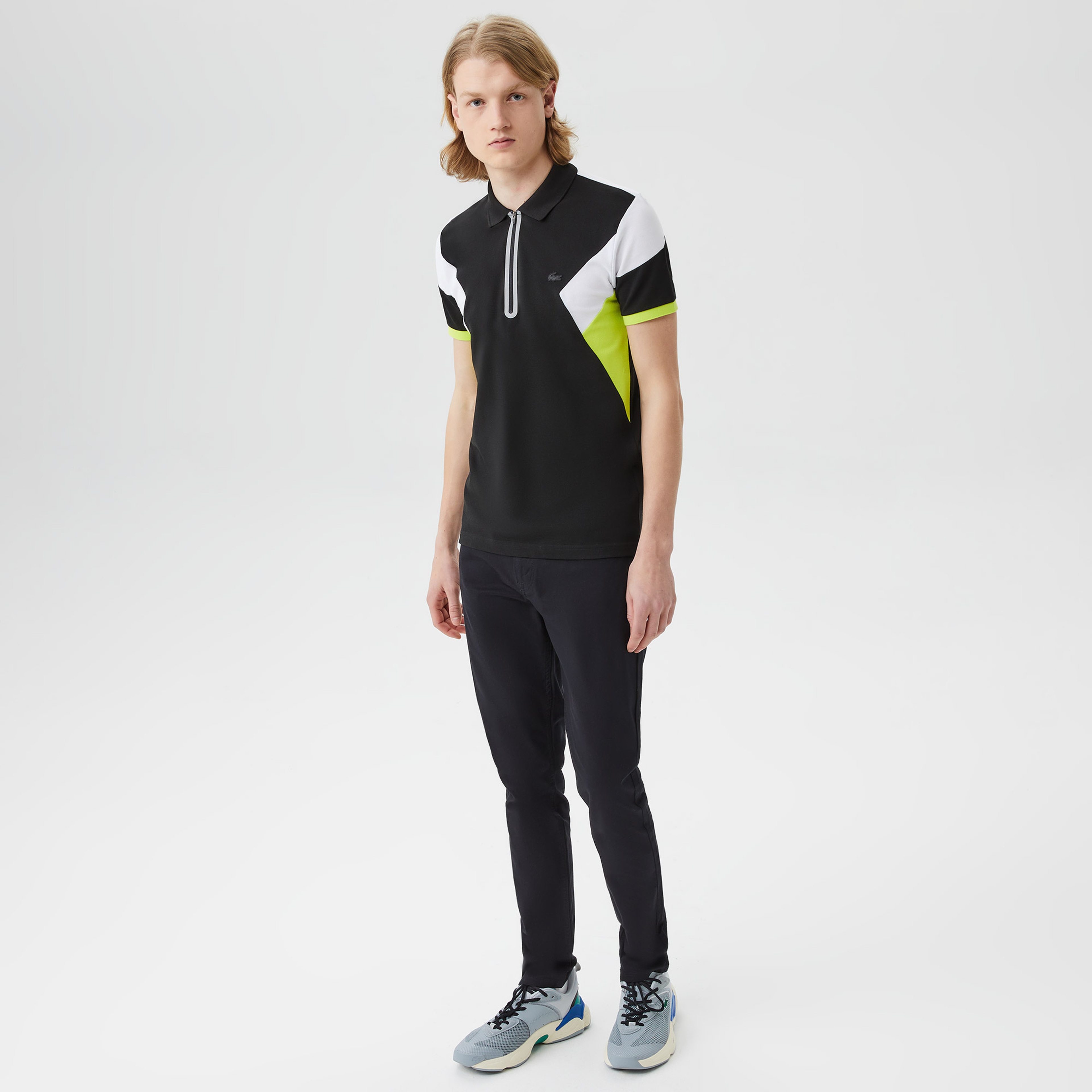 Erkek Regular Fit Yarım Fermuarlı Renk Bloklu Siyah Polo