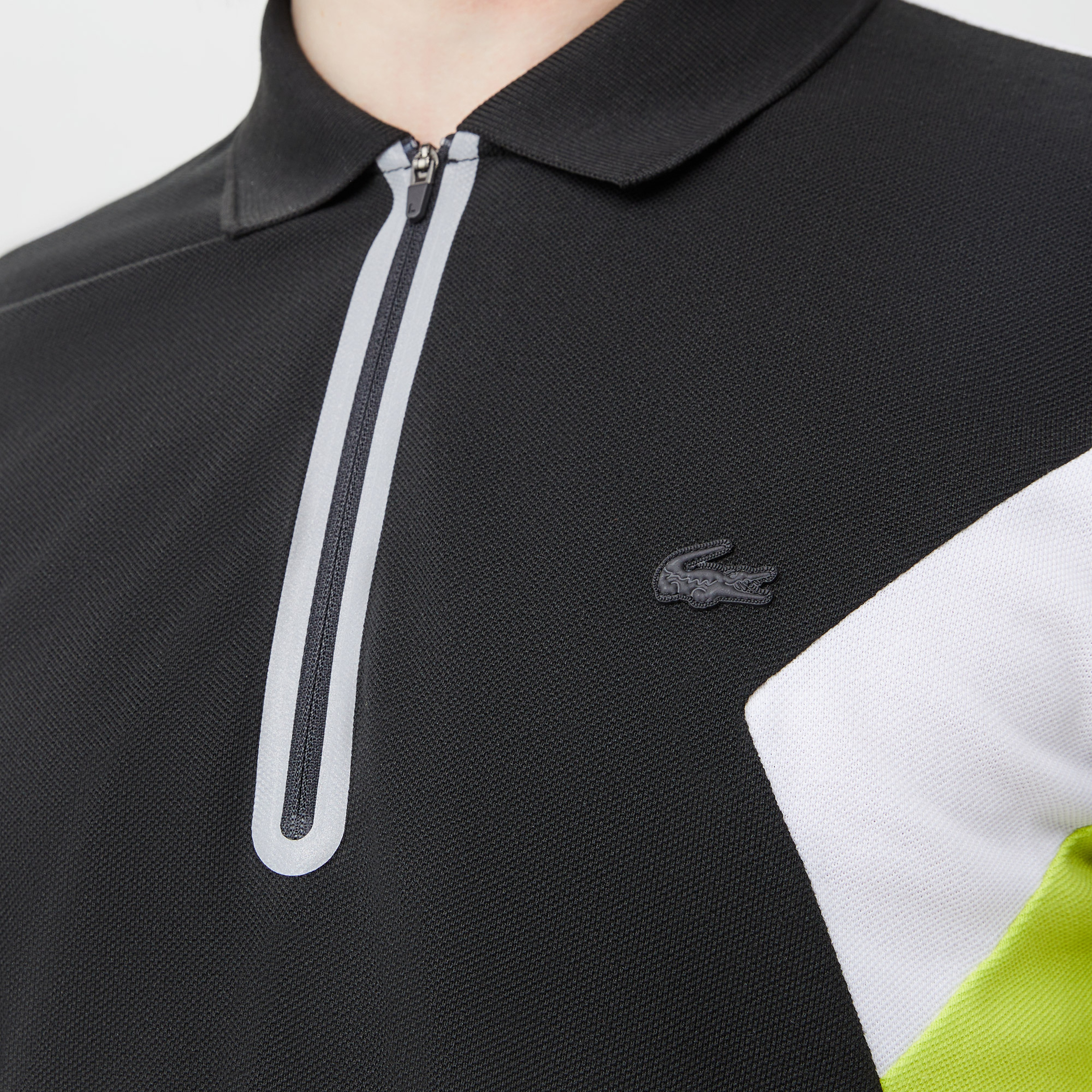 Erkek Regular Fit Yarım Fermuarlı Renk Bloklu Siyah Polo