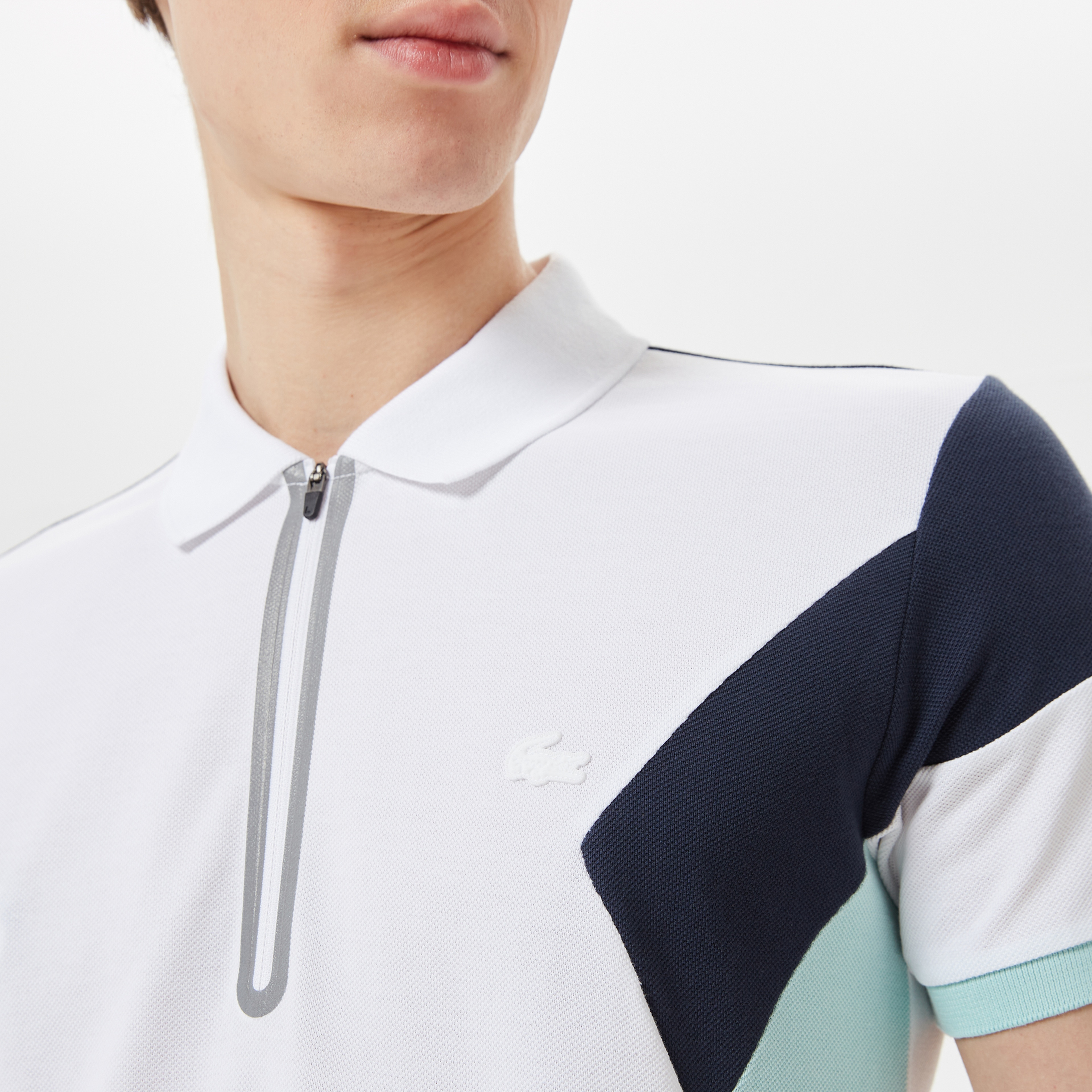 Erkek Regular Fit Yarım Fermuarlı Renk Bloklu Beyaz Polo