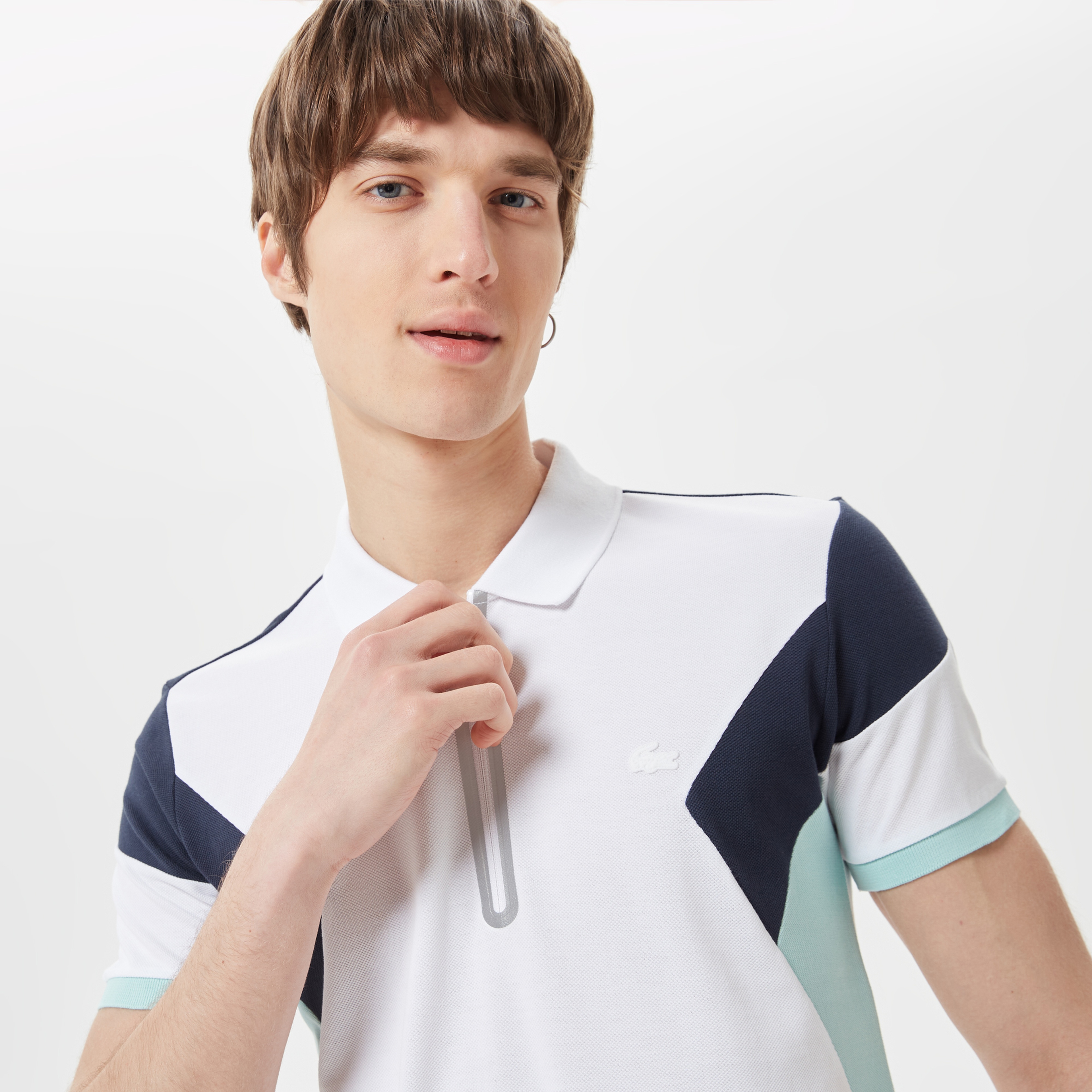 Erkek Regular Fit Yarım Fermuarlı Renk Bloklu Beyaz Polo