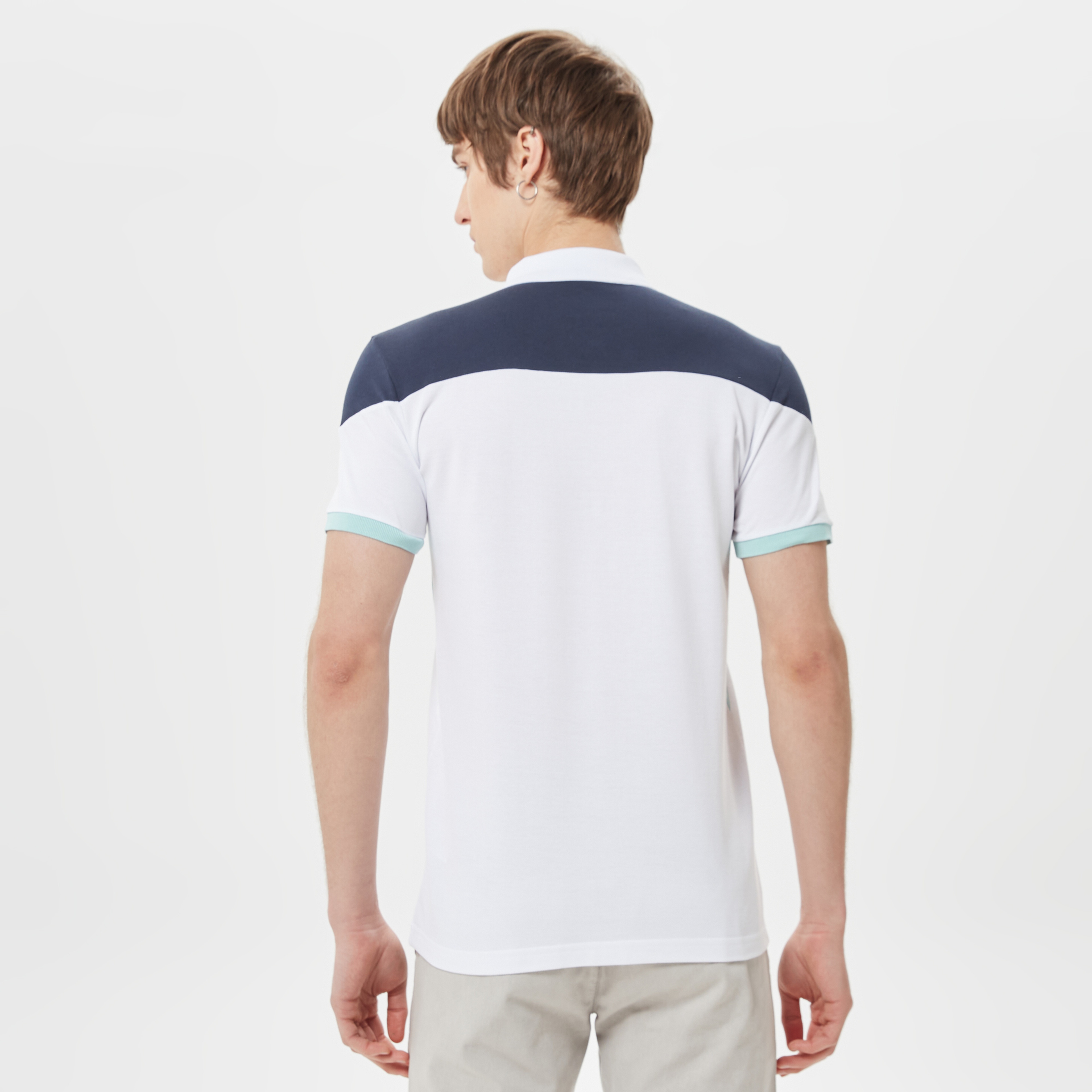 Erkek Regular Fit Yarım Fermuarlı Renk Bloklu Beyaz Polo