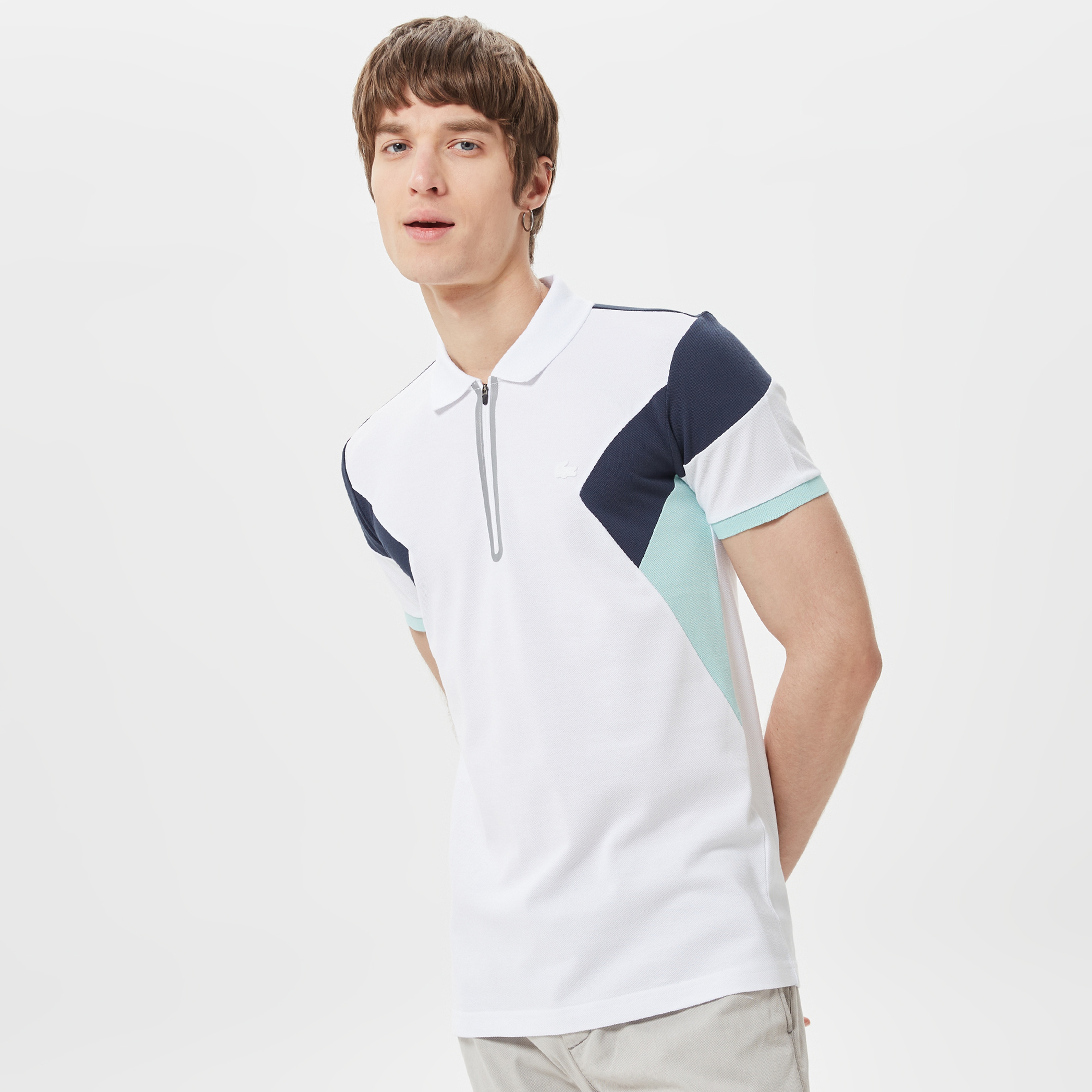 Erkek Regular Fit Yarım Fermuarlı Renk Bloklu Beyaz Polo
