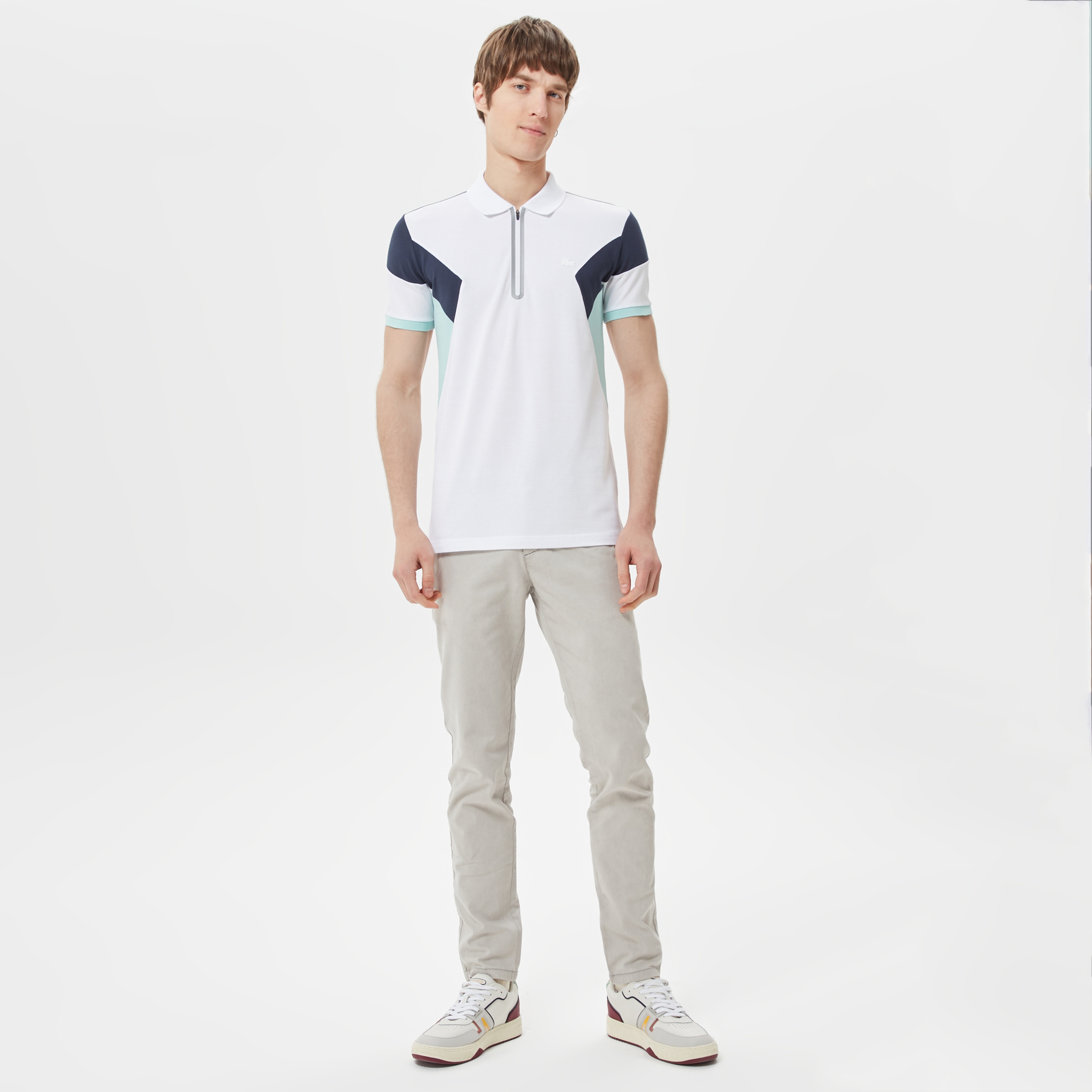 Erkek Regular Fit Yarım Fermuarlı Renk Bloklu Beyaz Polo