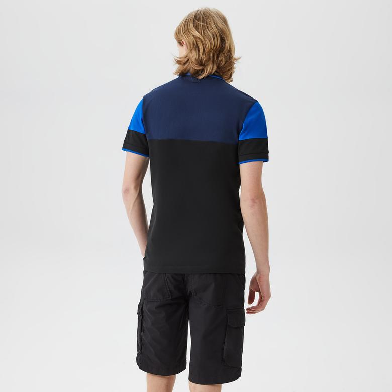 Erkek Slim Fit Renk Bloklu Siyah Polo