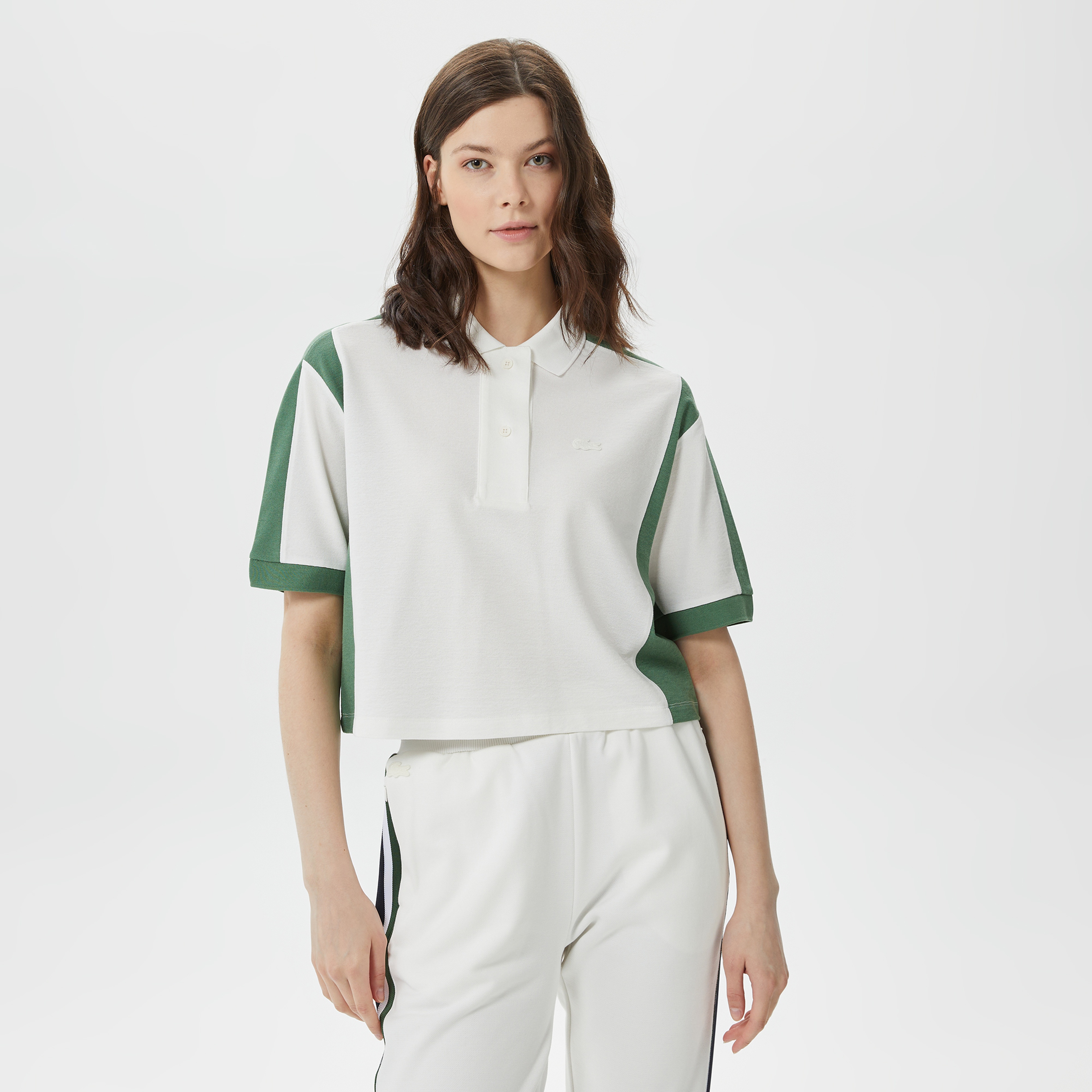 Kadın Loose Fit Renk Bloklu Beyaz Polo