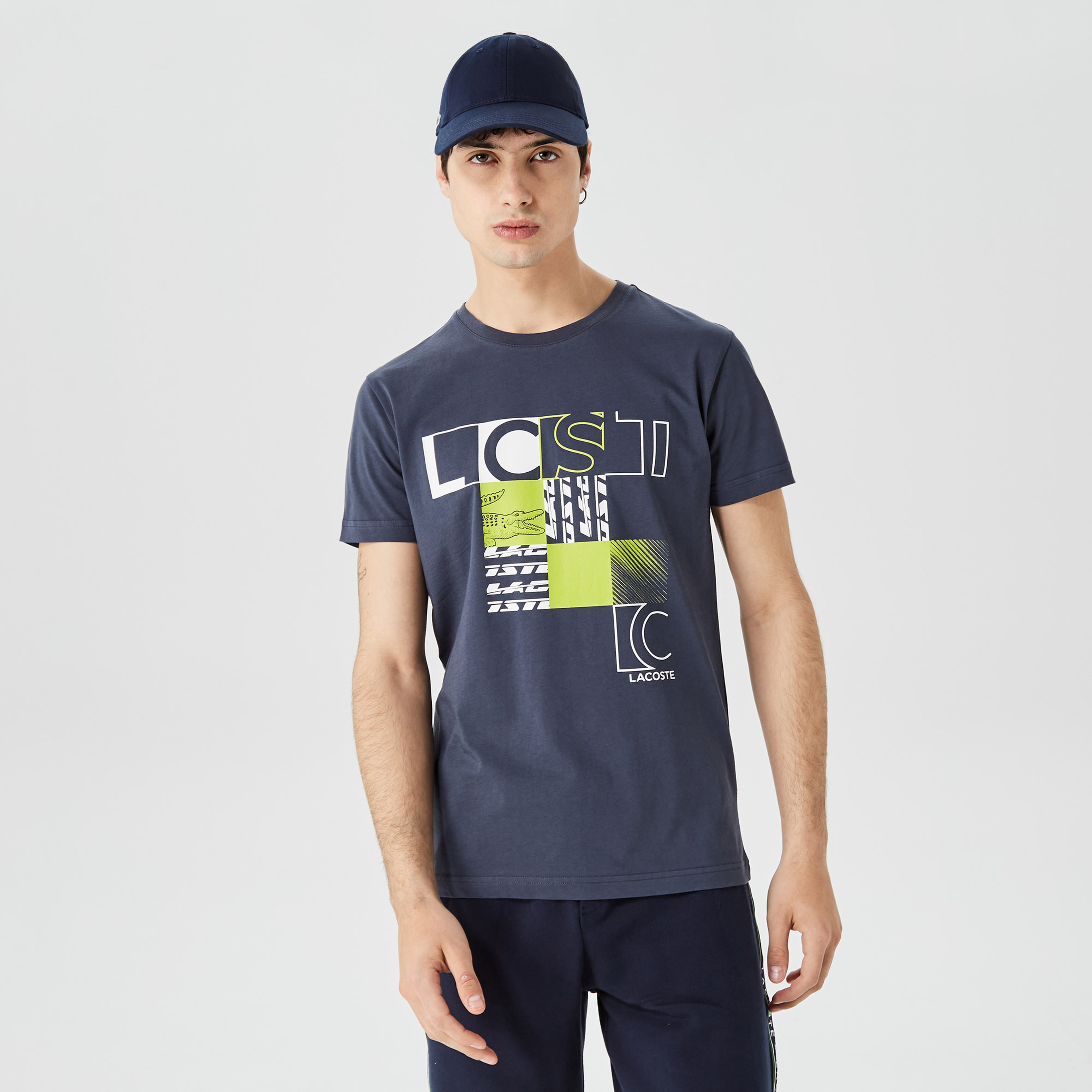 Erkek Slim Fit Bisiklet Yaka Baskılı Lacivert T-Shirt