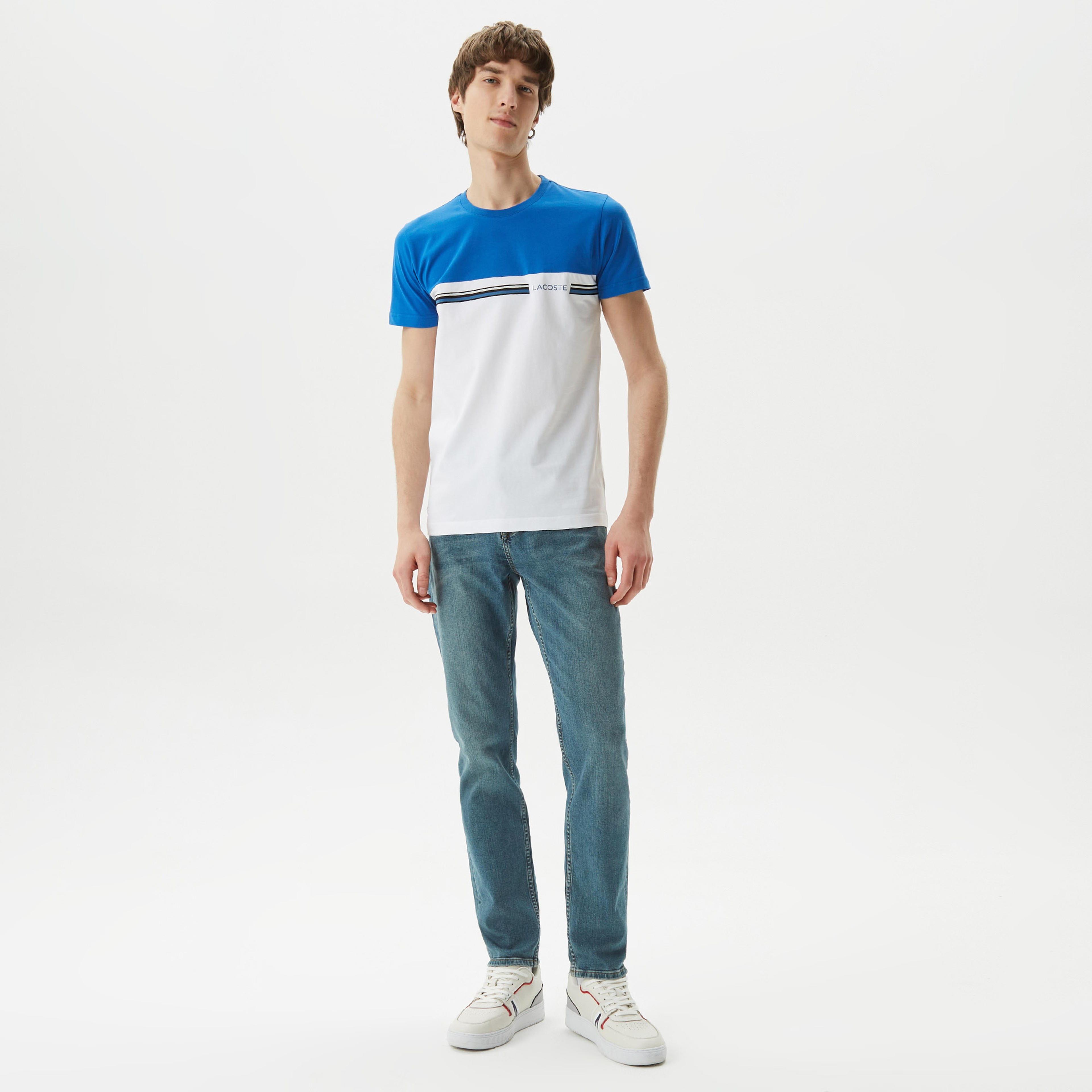Lacoste Erkek Slim Fit Bisiklet Yaka Renk Bloklu Beyaz T-Shirt