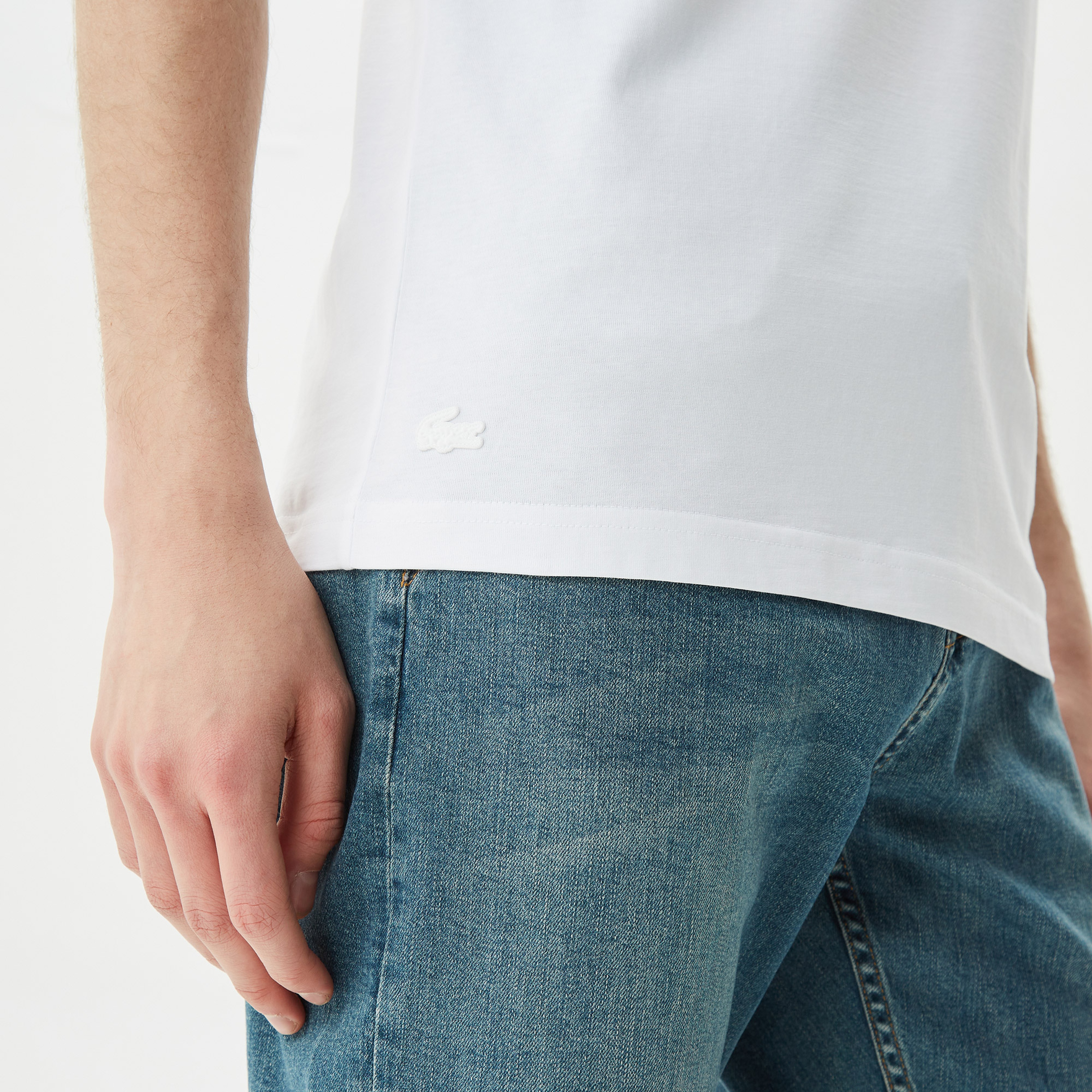 Lacoste Erkek Slim Fit Bisiklet Yaka Renk Bloklu Beyaz T-Shirt