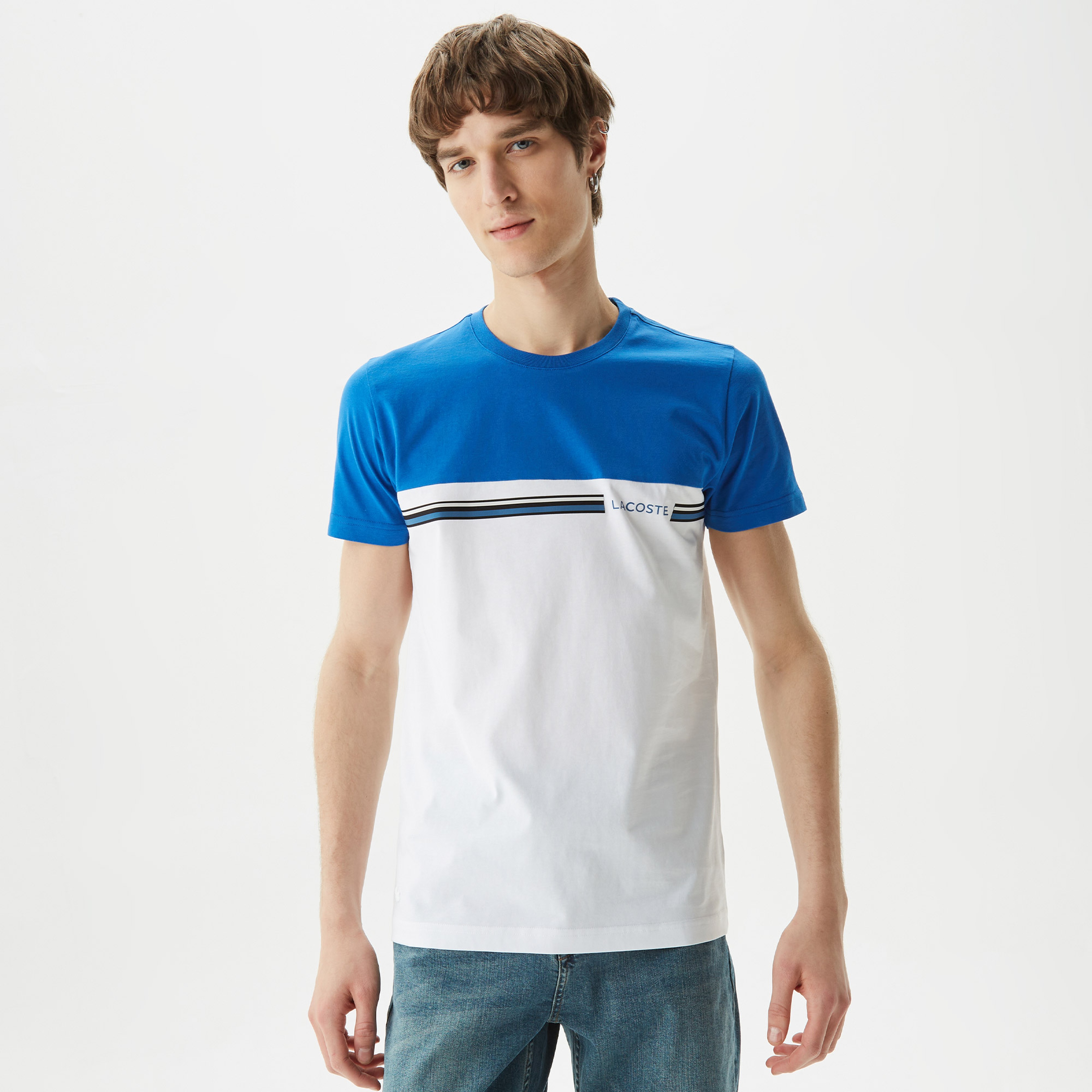 Lacoste Erkek Slim Fit Bisiklet Yaka Renk Bloklu Beyaz T-Shirt