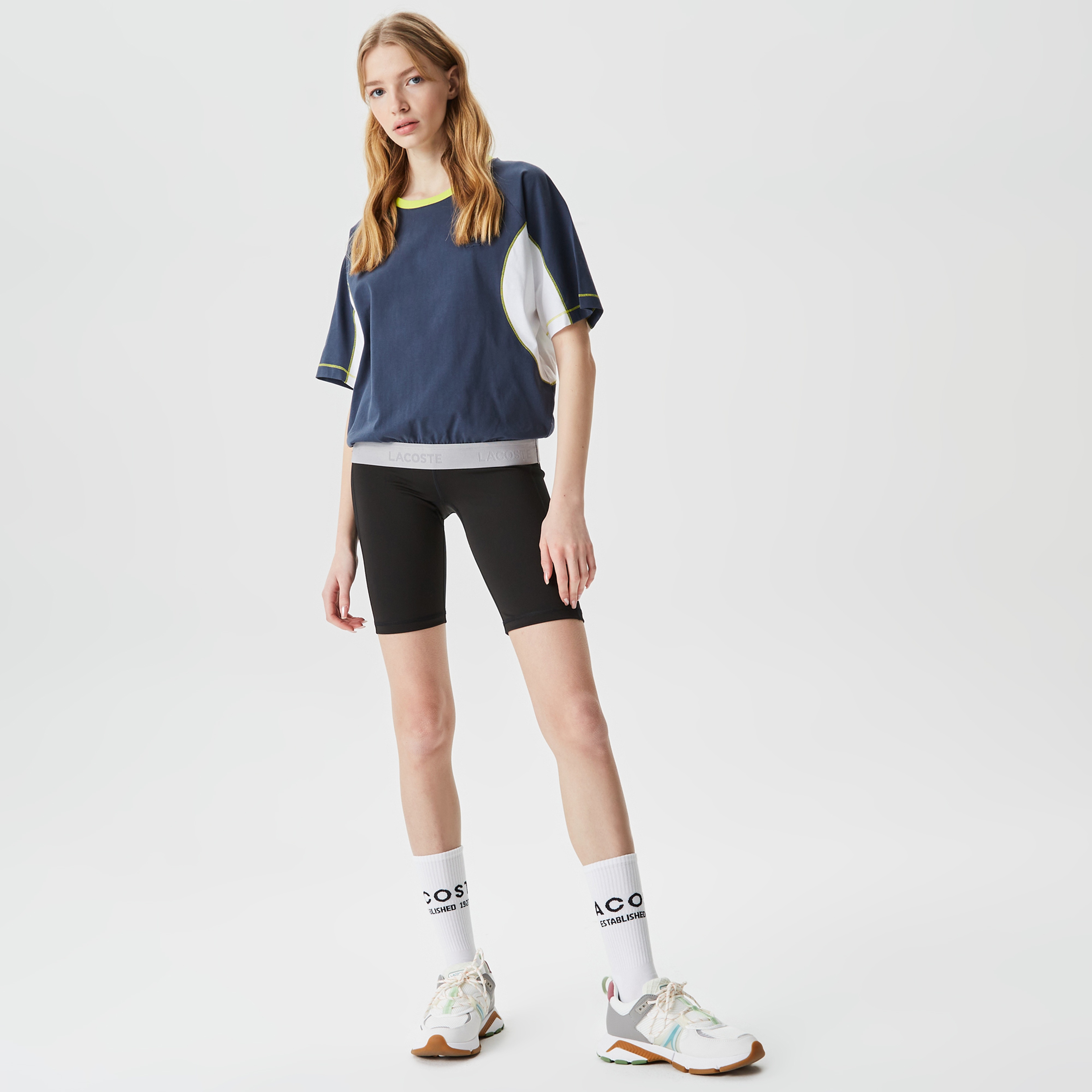 Kadın Loose Fit Bisiklet Yaka Renk Bloklu Lacivert T-Shirt