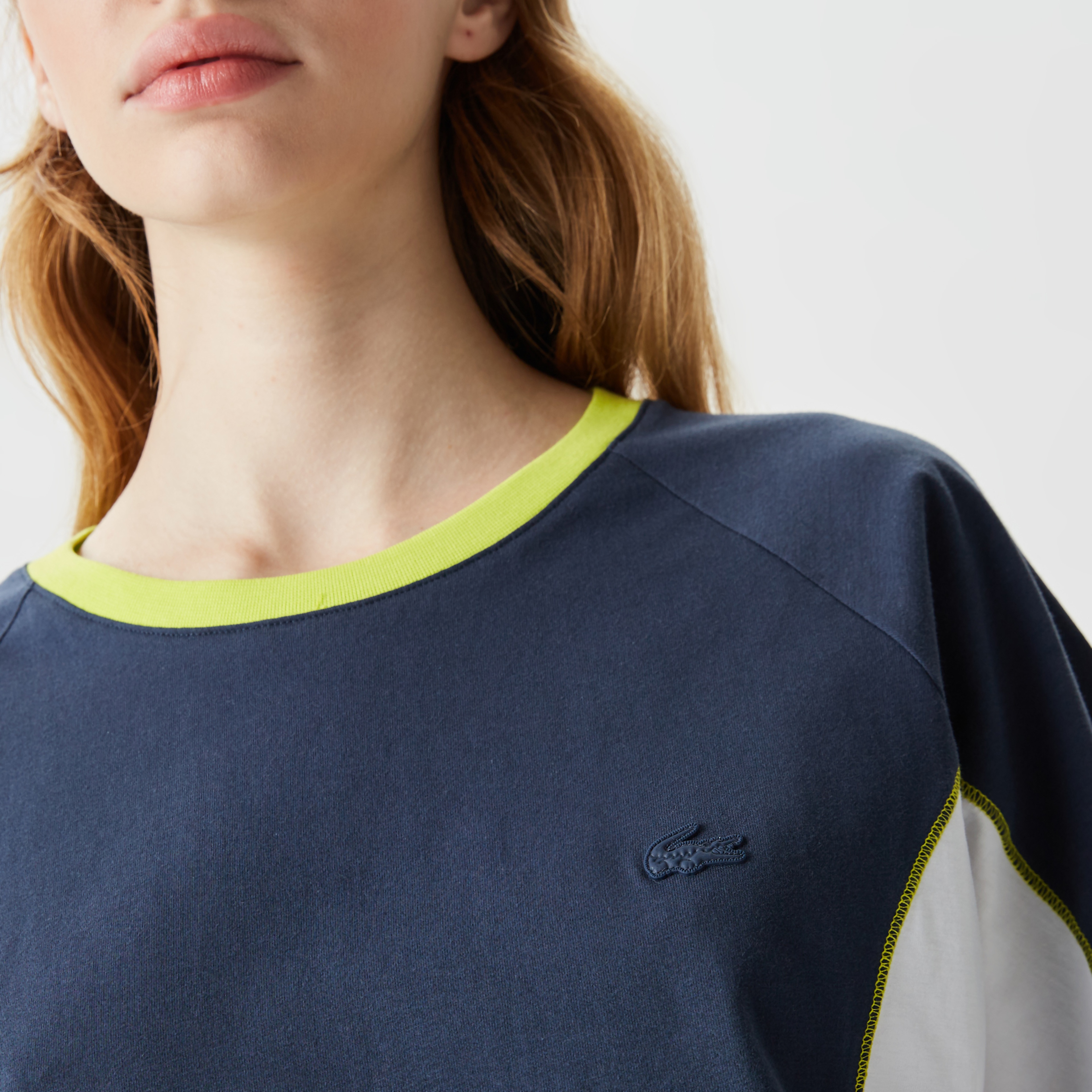 Kadın Loose Fit Bisiklet Yaka Renk Bloklu Lacivert T-Shirt