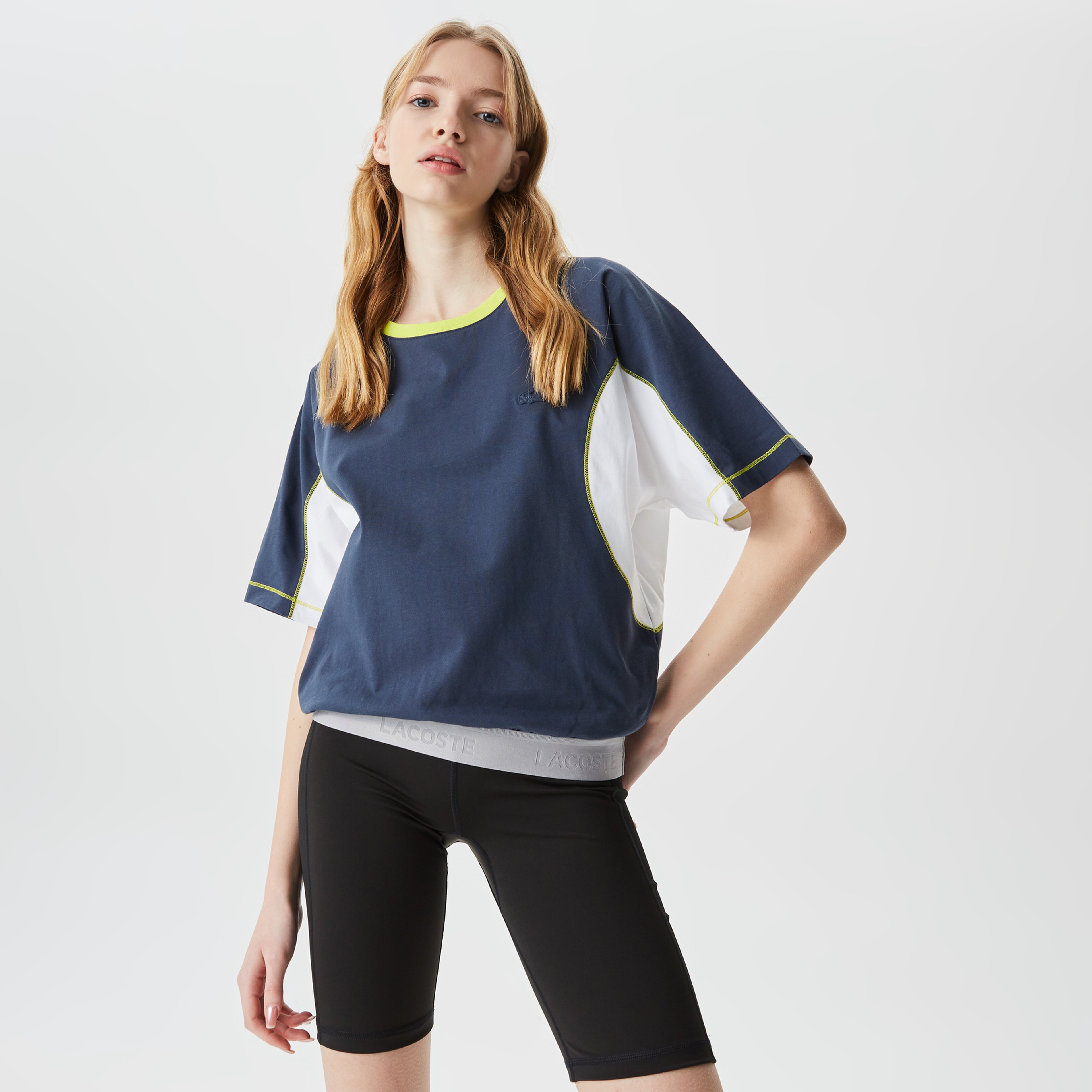 Kadın Loose Fit Bisiklet Yaka Renk Bloklu Lacivert T-Shirt