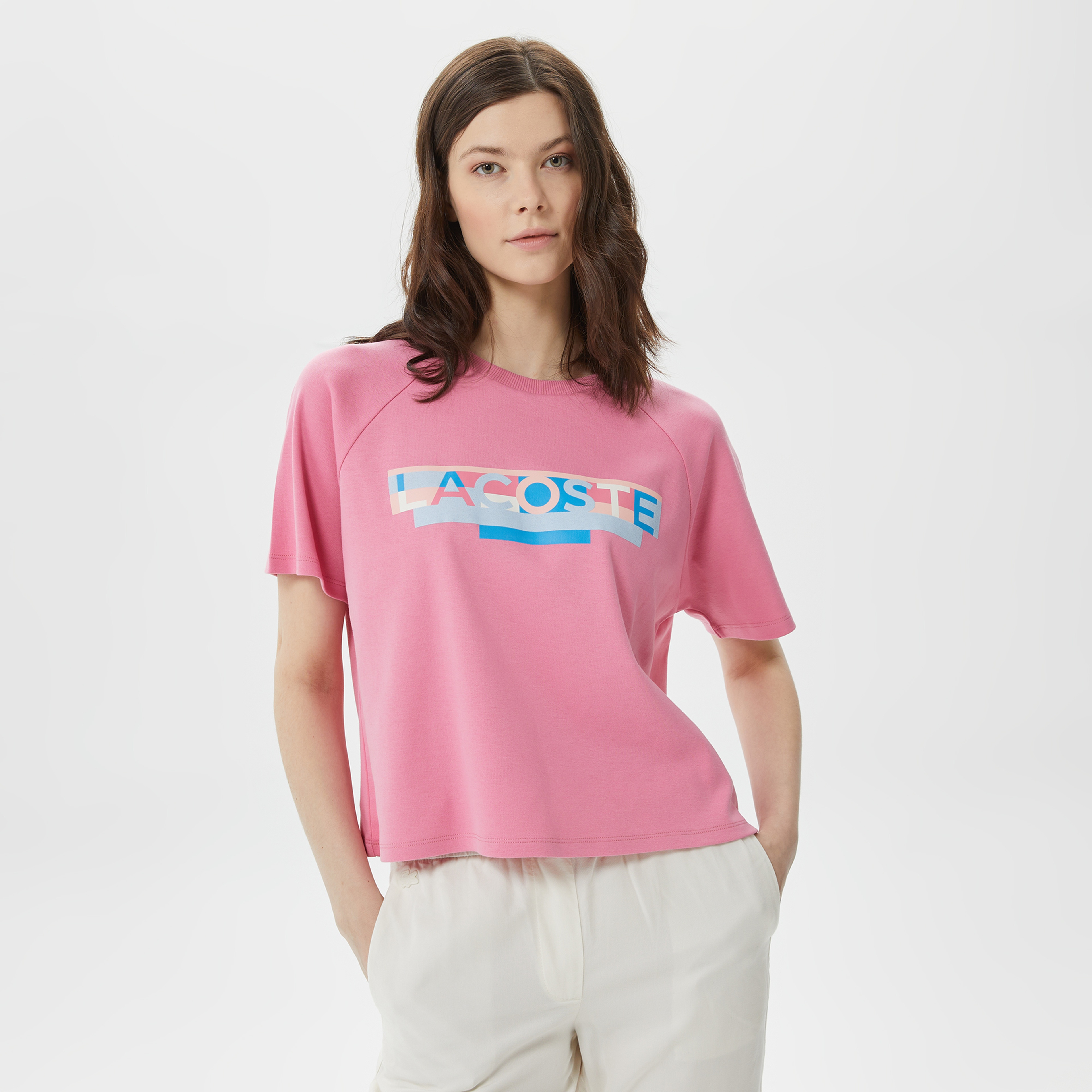 Kadın Loose Fit Bisiklet Yaka Baskılı Pembe T-Shirt
