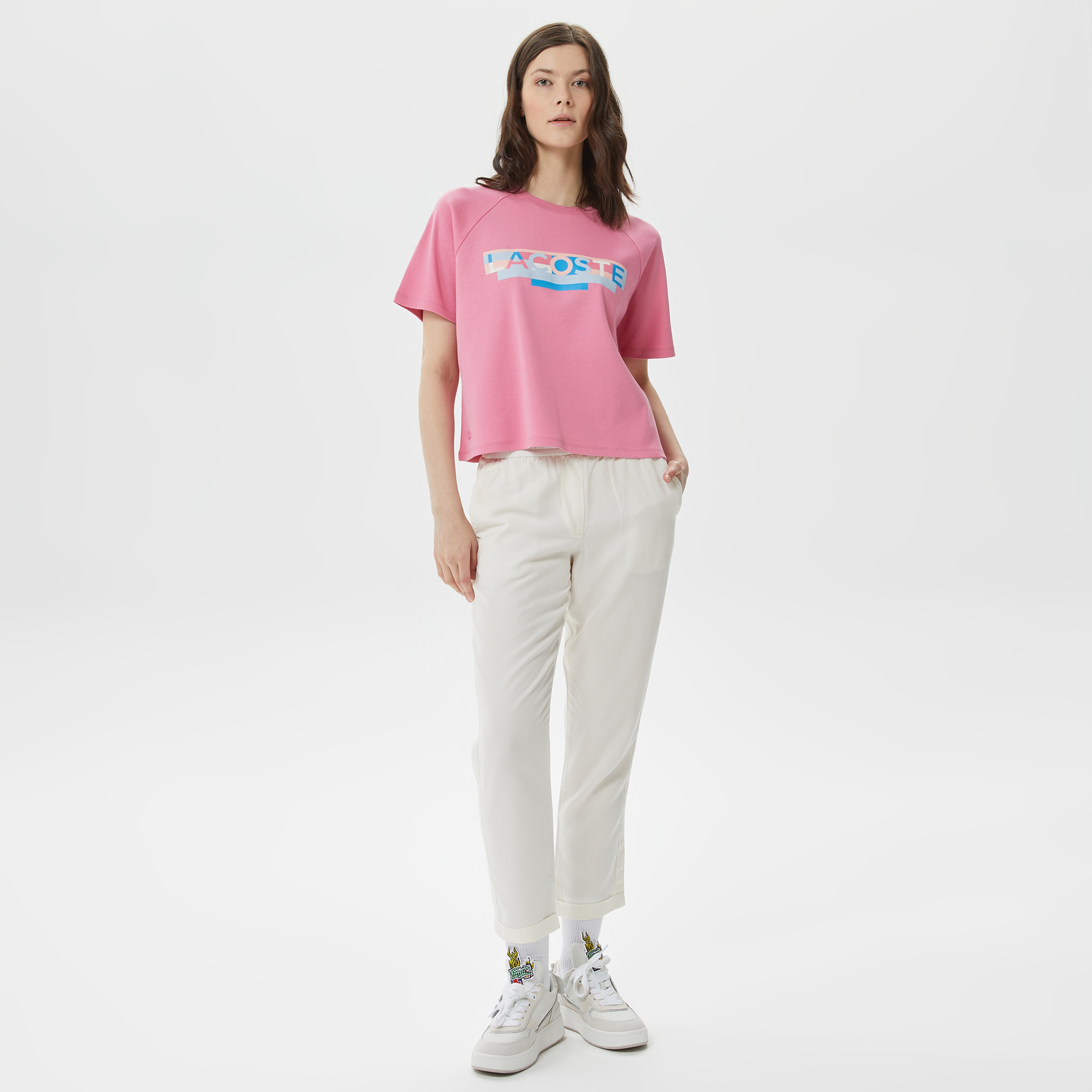 Kadın Loose Fit Bisiklet Yaka Baskılı Pembe T-Shirt