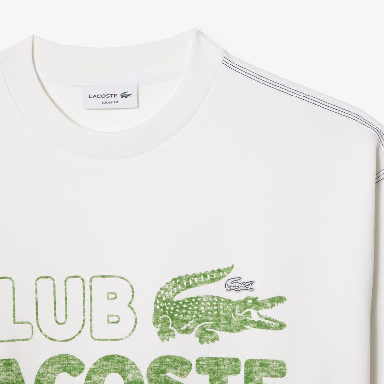 Erkek Loose Fit Bisiklet Yaka Organik Pamuk Baskılı Beyaz Sweatshirt