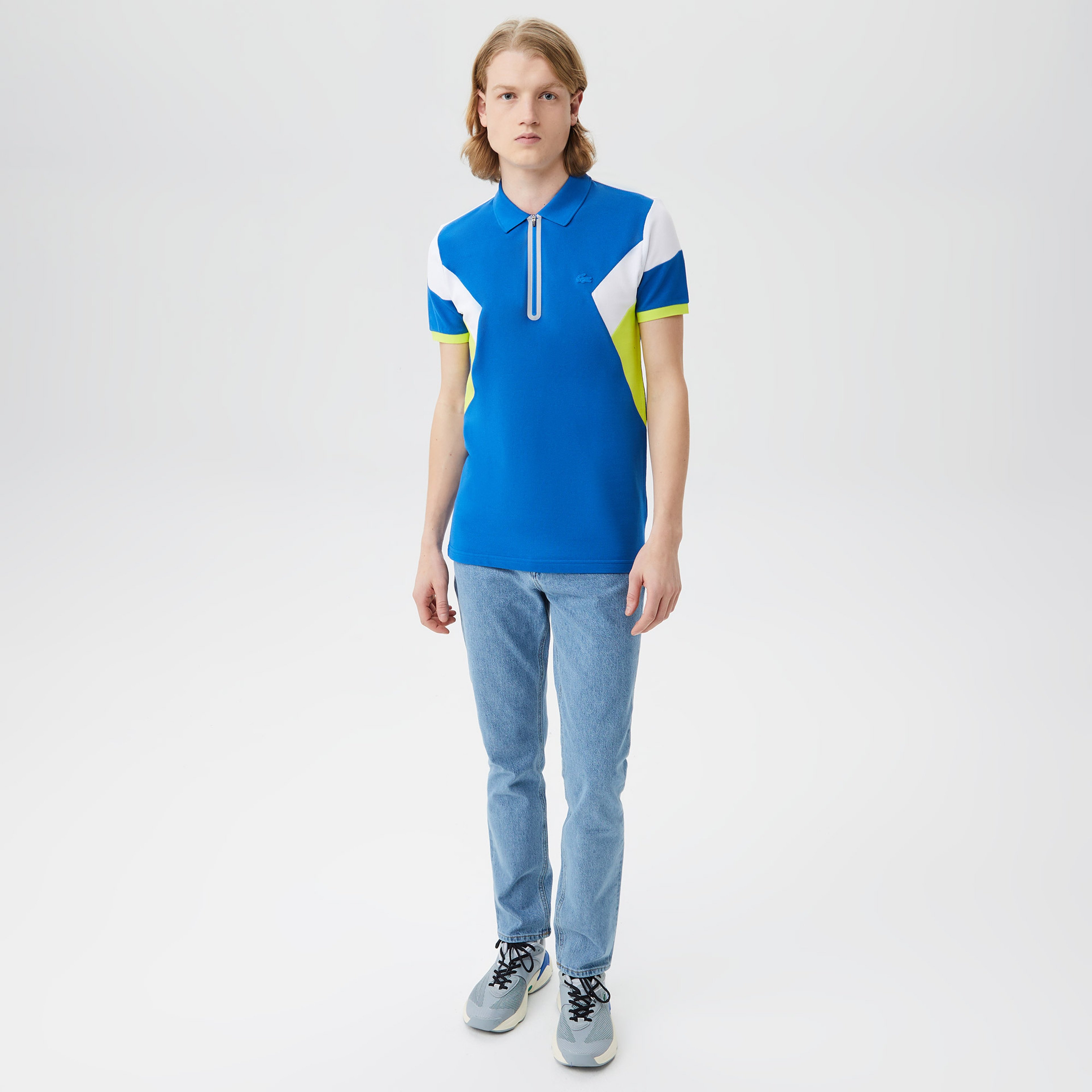 Erkek Regular Fit Yarım Fermuarlı Renk Bloklu Mavi Polo