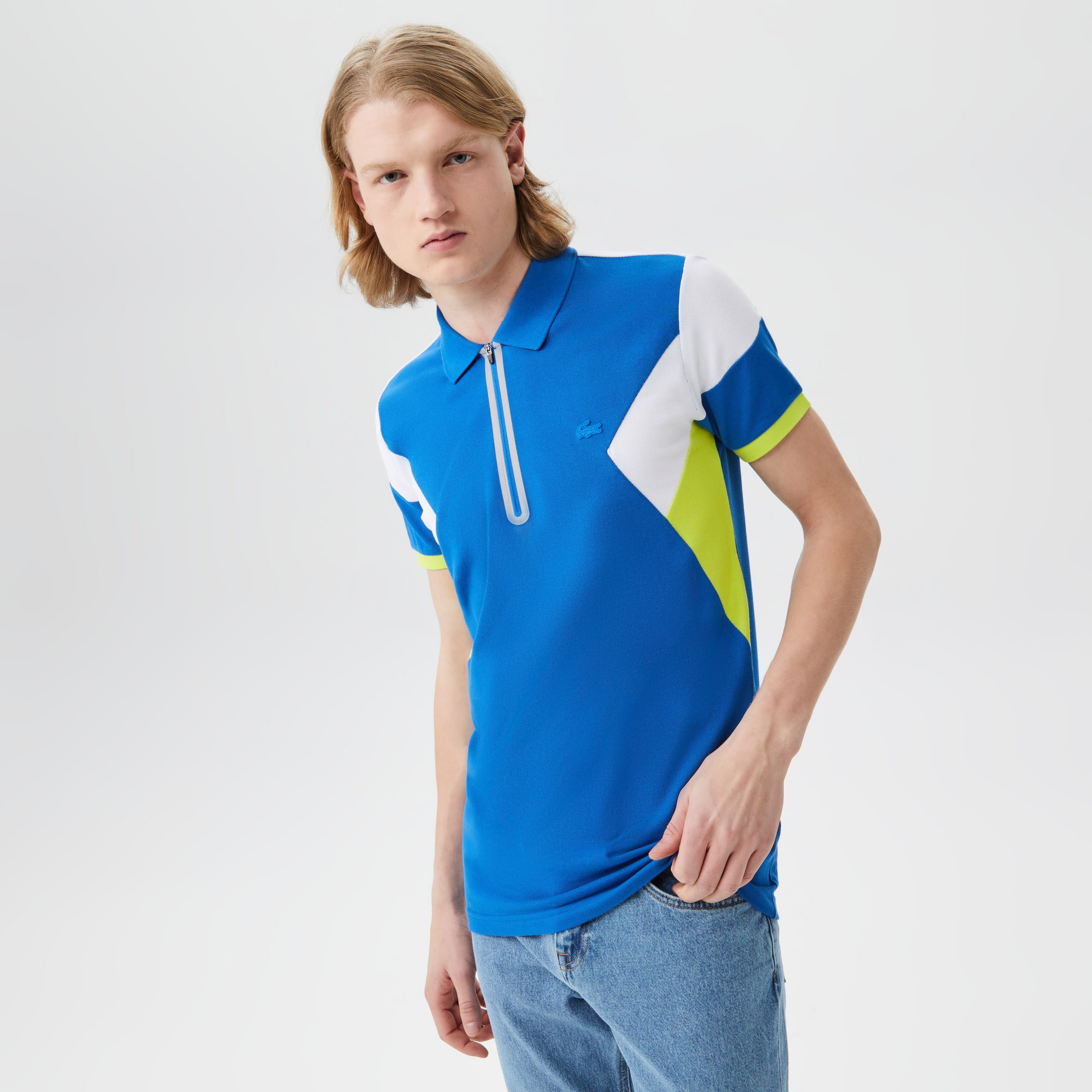 Erkek Regular Fit Yarım Fermuarlı Renk Bloklu Mavi Polo