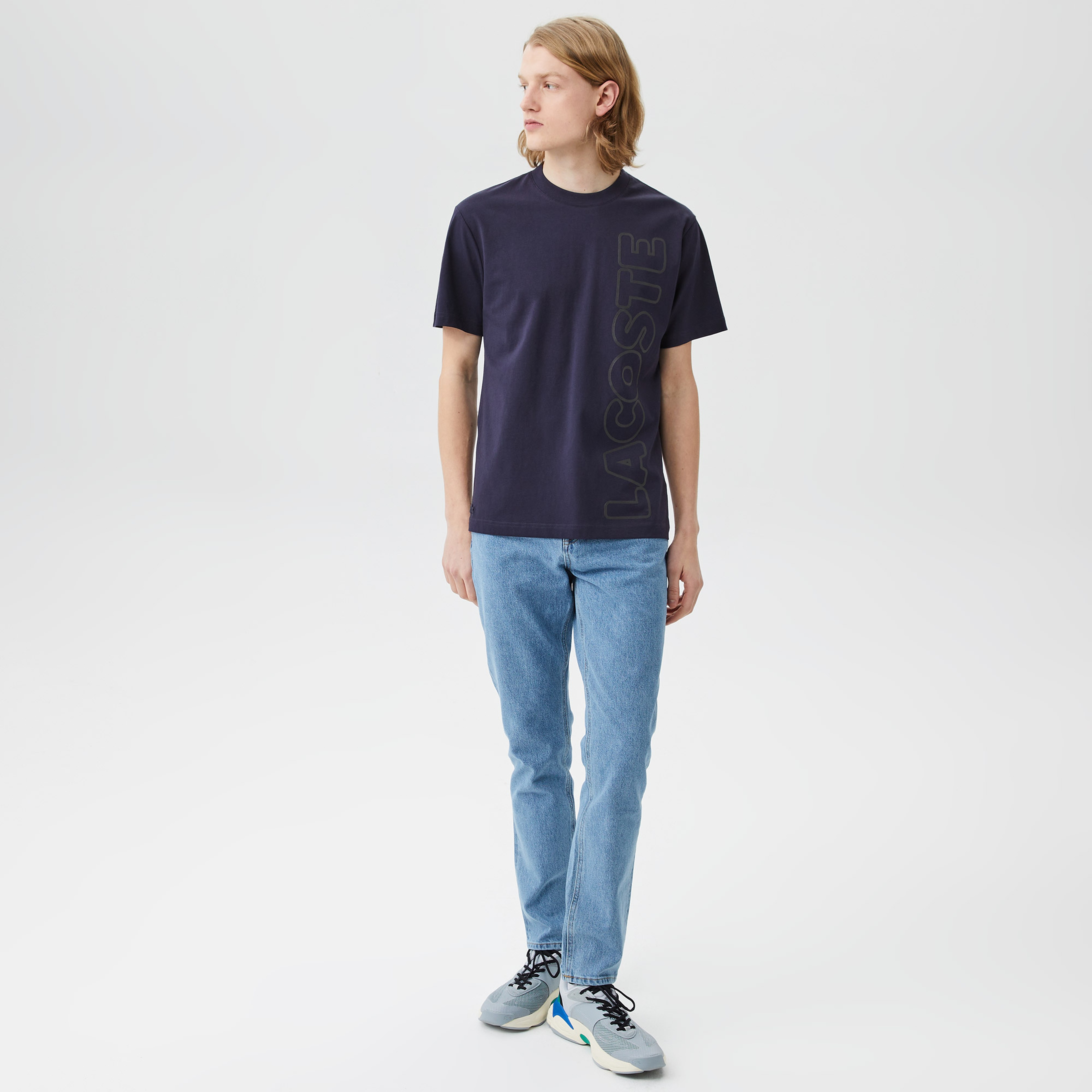 Erkek Relaxed Fit Bisiklet Yaka Baskılı Lacivert T-Shirt