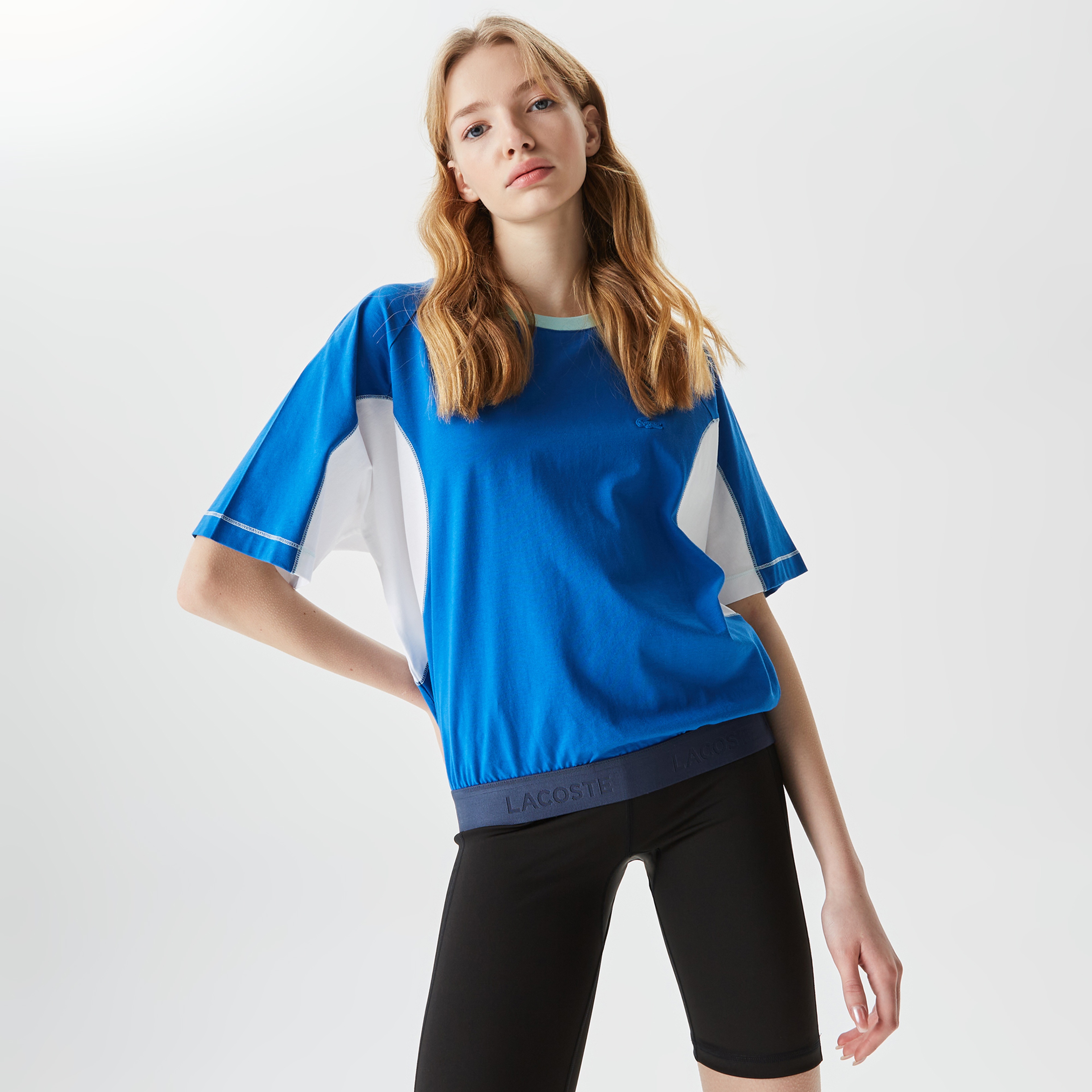 Kadın Loose Fit Bisiklet Yaka Renk Bloklu Mavi T-Shirt