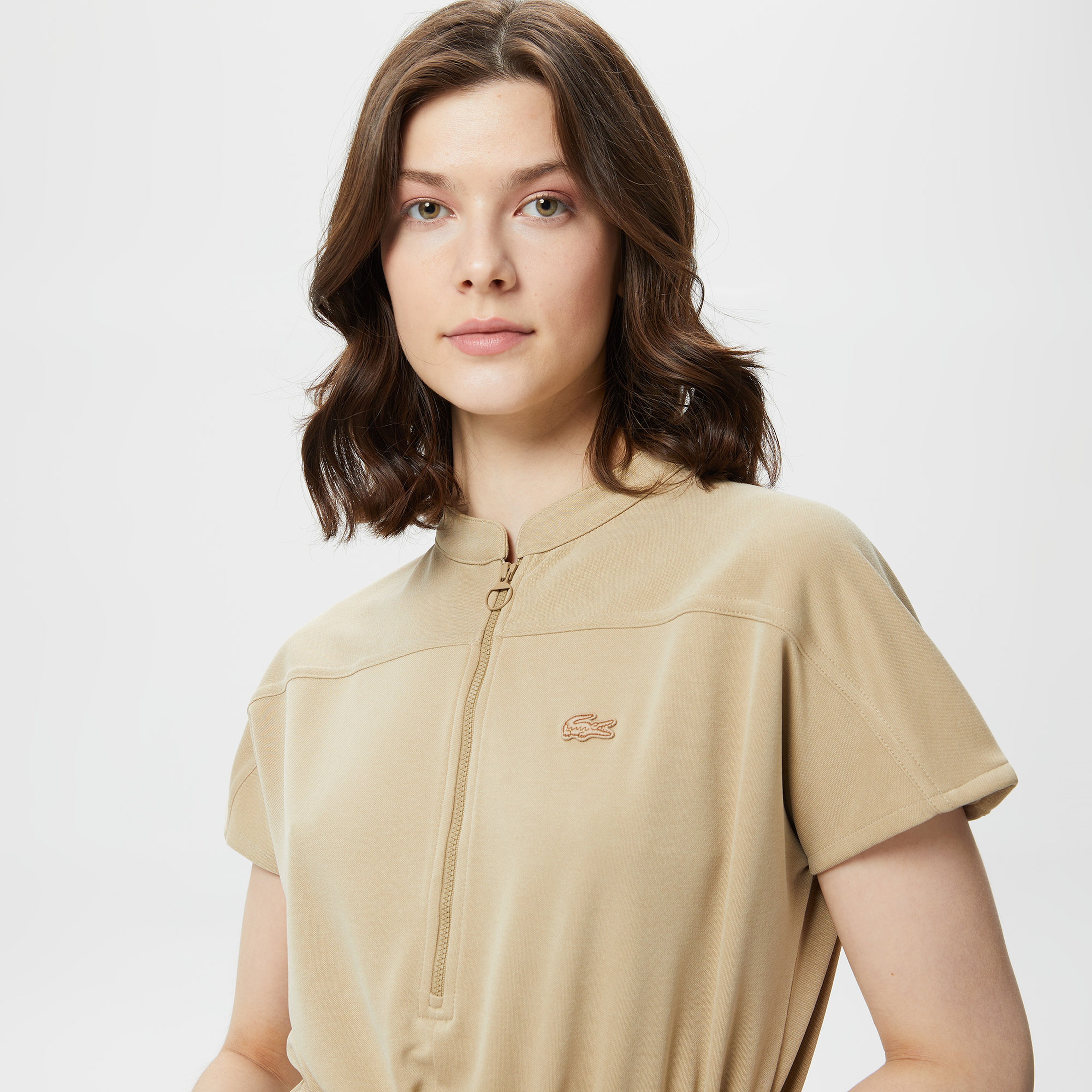 Lacoste Kadın Kısa Kollu Bisiklet Yaka Krem Elbise