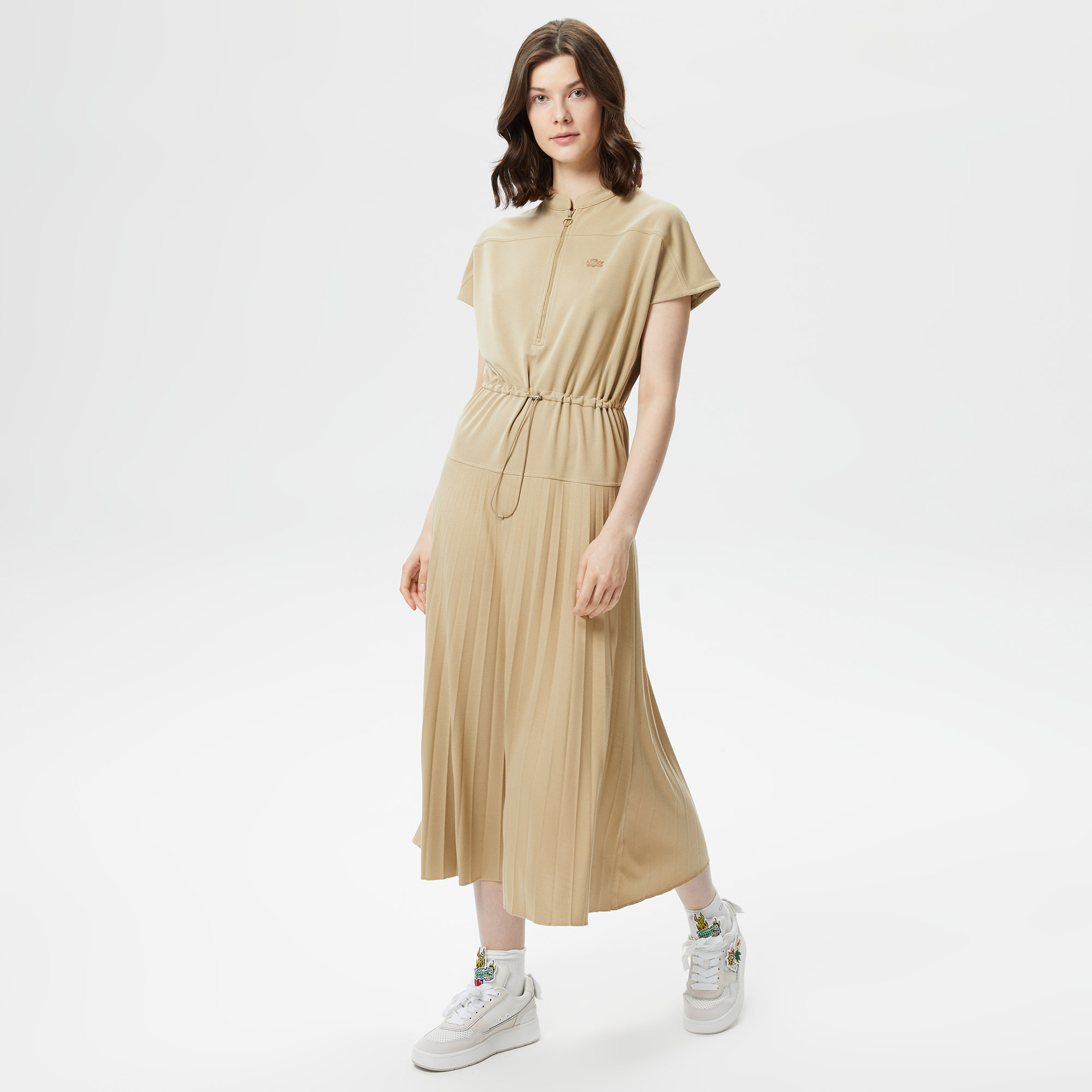 Lacoste Kadın Kısa Kollu Bisiklet Yaka Krem Elbise