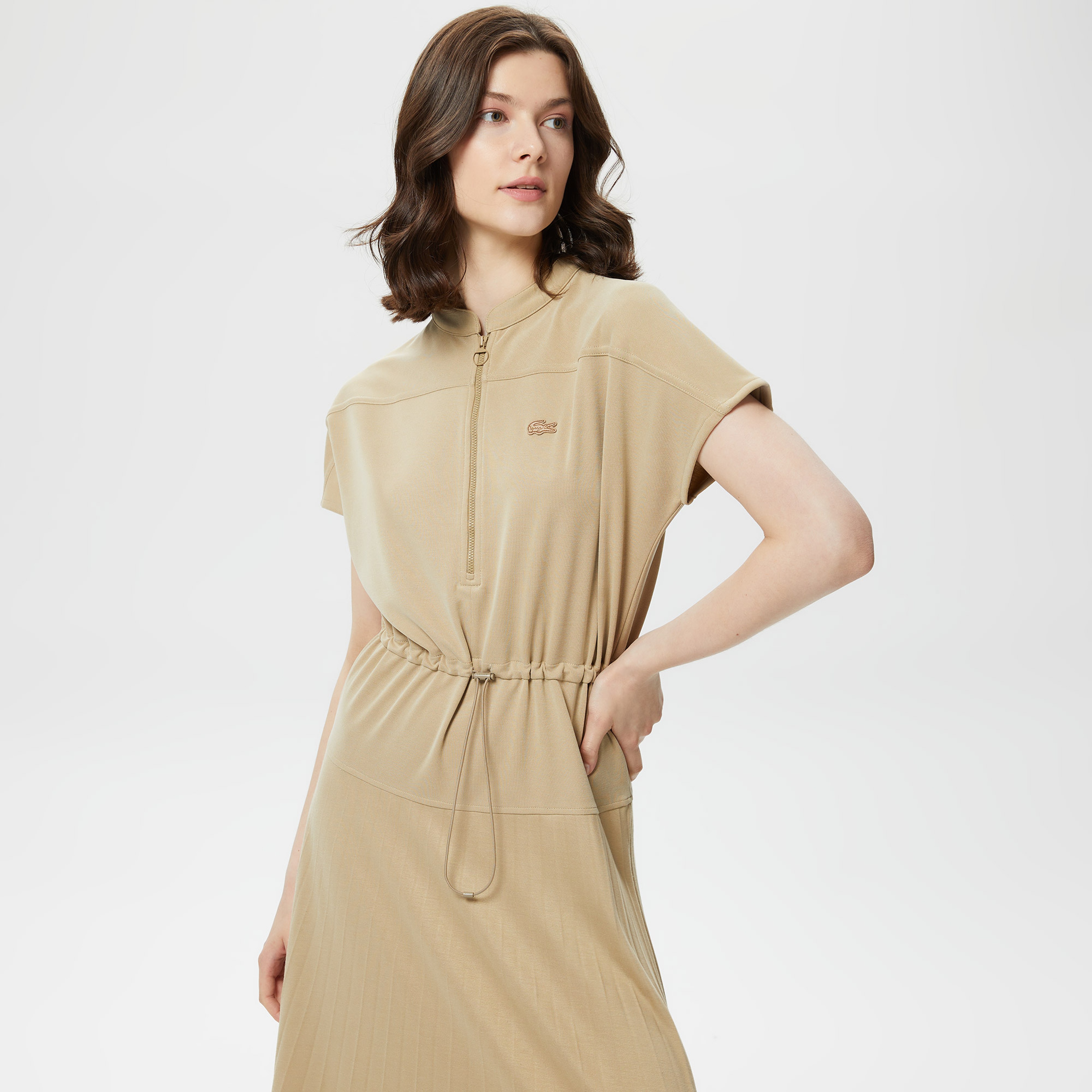 Lacoste Kadın Kısa Kollu Bisiklet Yaka Krem Elbise