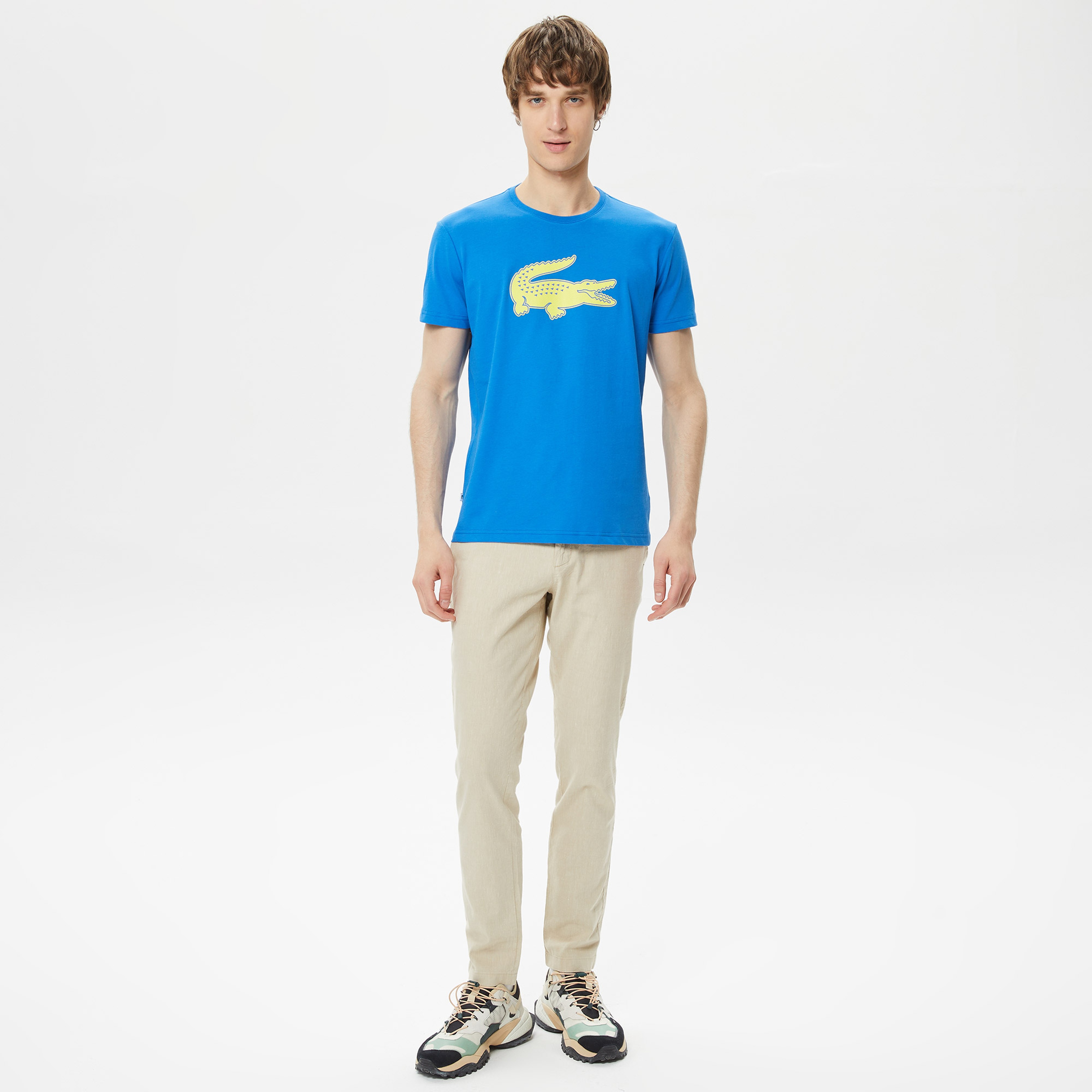 Lacoste SPORT Erkek Regular Fit Bisiklet Yaka Baskılı Mavi T-Shirt