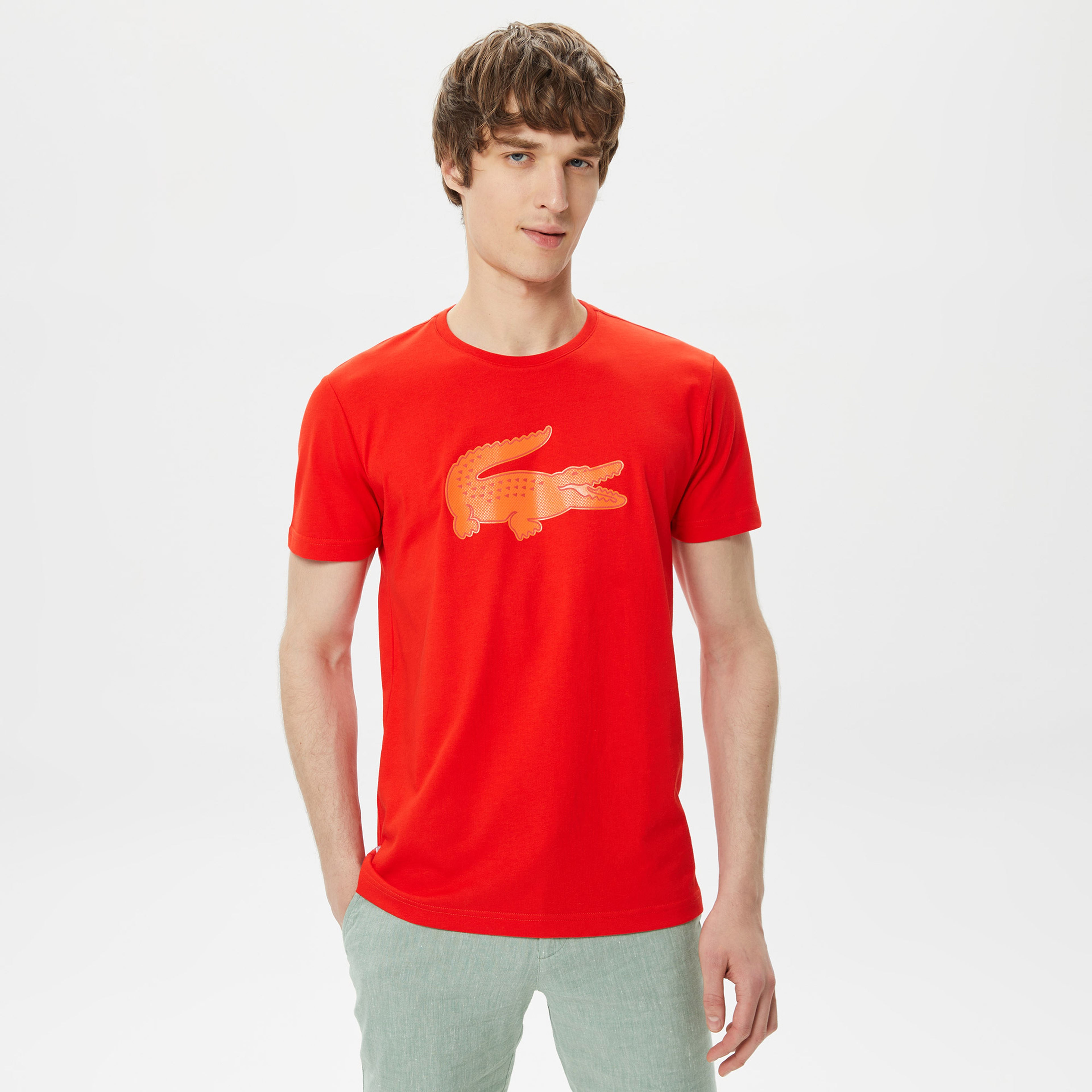 Lacoste SPORT Erkek Regular Fit Bisiklet Yaka Baskılı Kırmızı T-Shirt