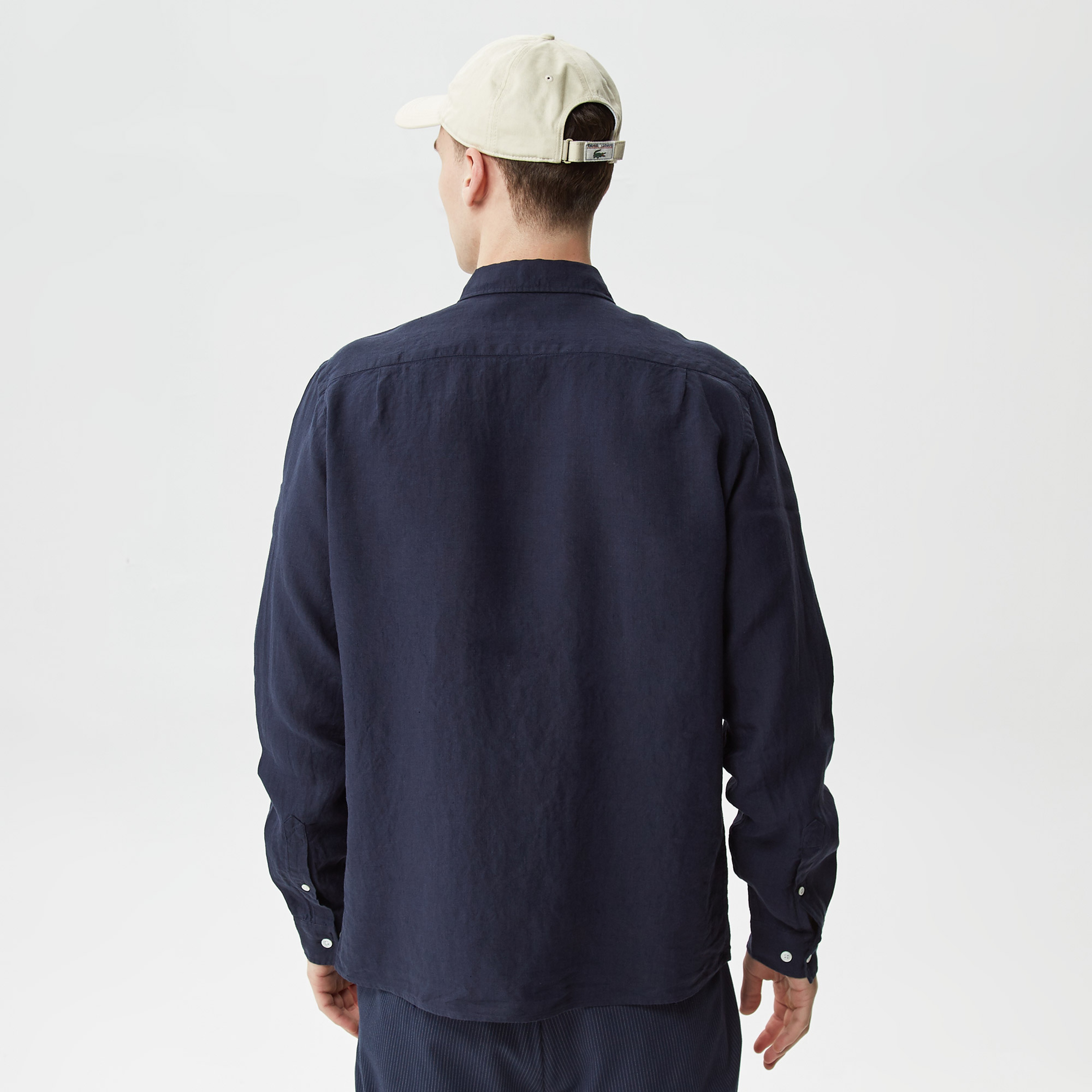 Erkek Regular Fit Düğmeli Yaka Keten Lacivert Gömlek