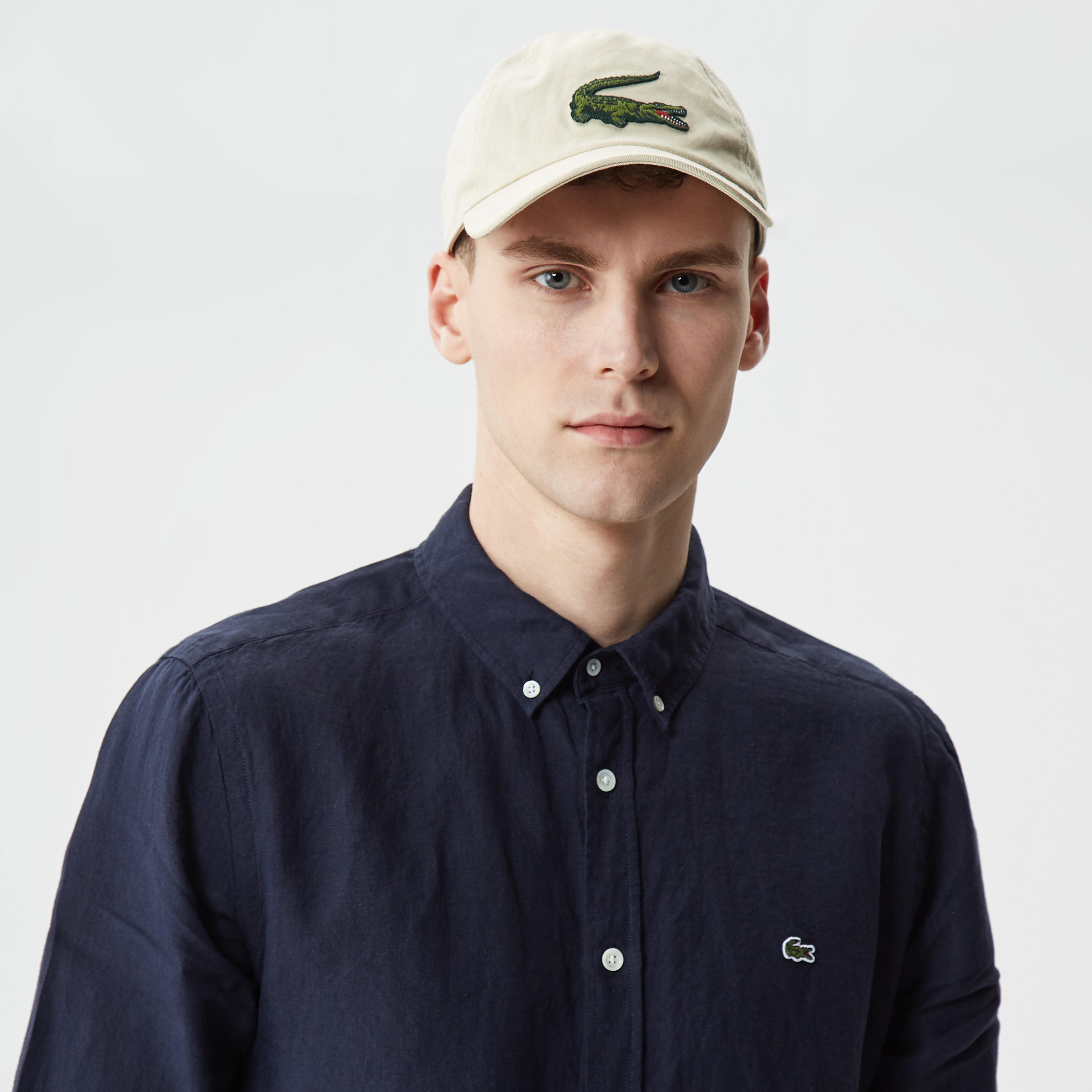 Erkek Regular Fit Düğmeli Yaka Keten Lacivert Gömlek