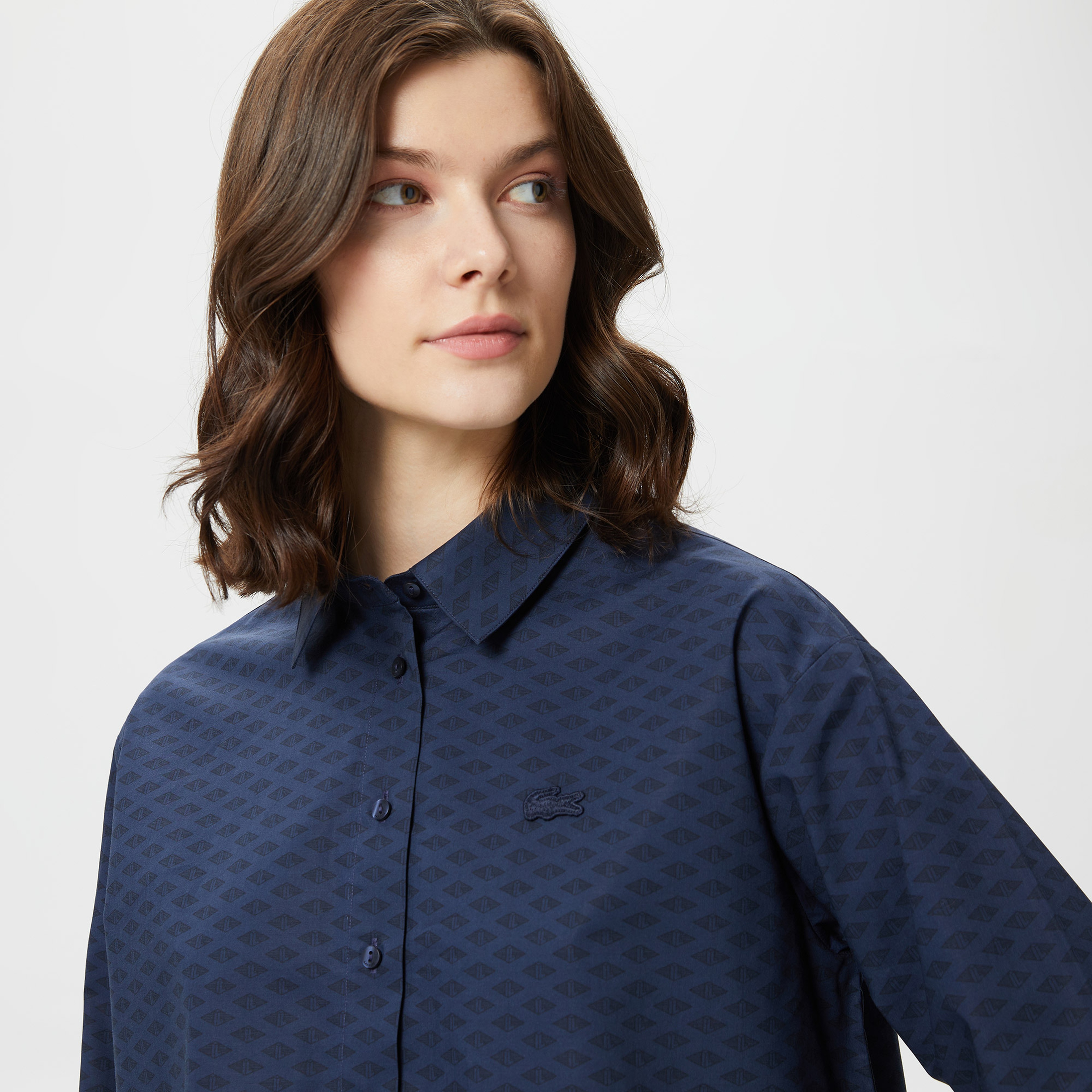 Kadın Relaxed Fit Desenli Lacivert Gömlek