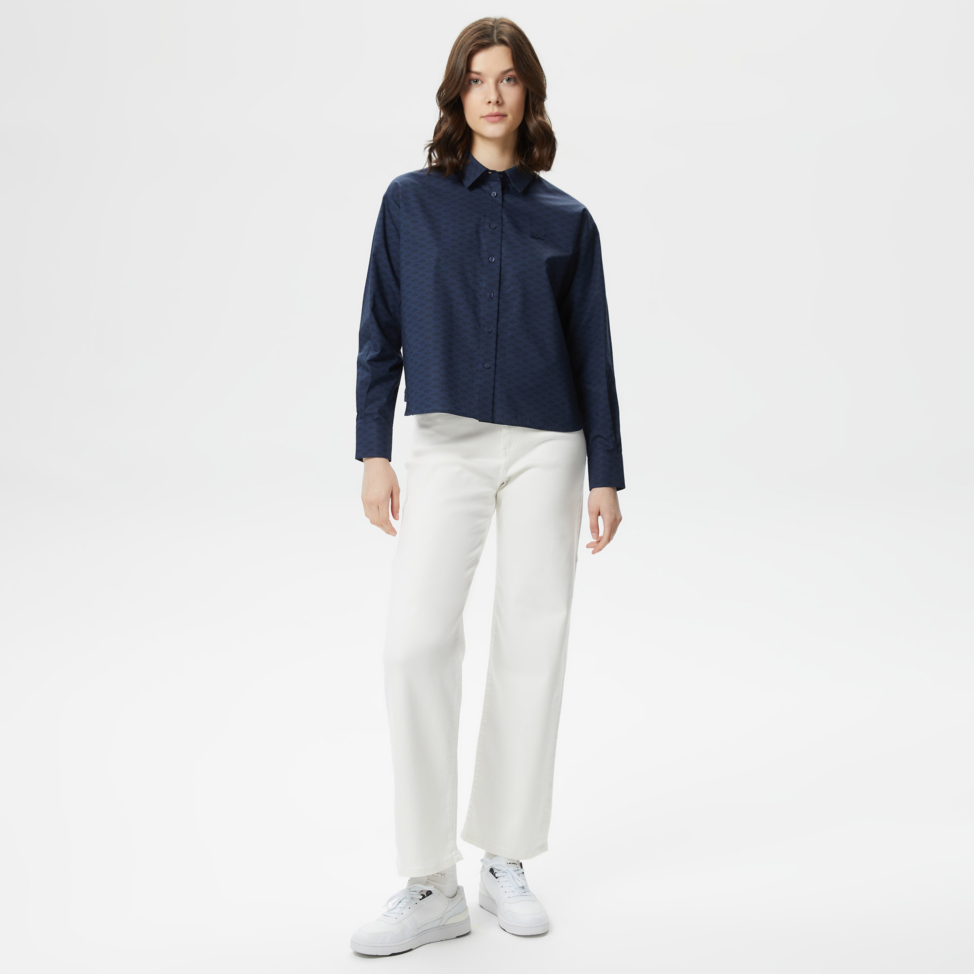 Kadın Relaxed Fit Desenli Lacivert Gömlek