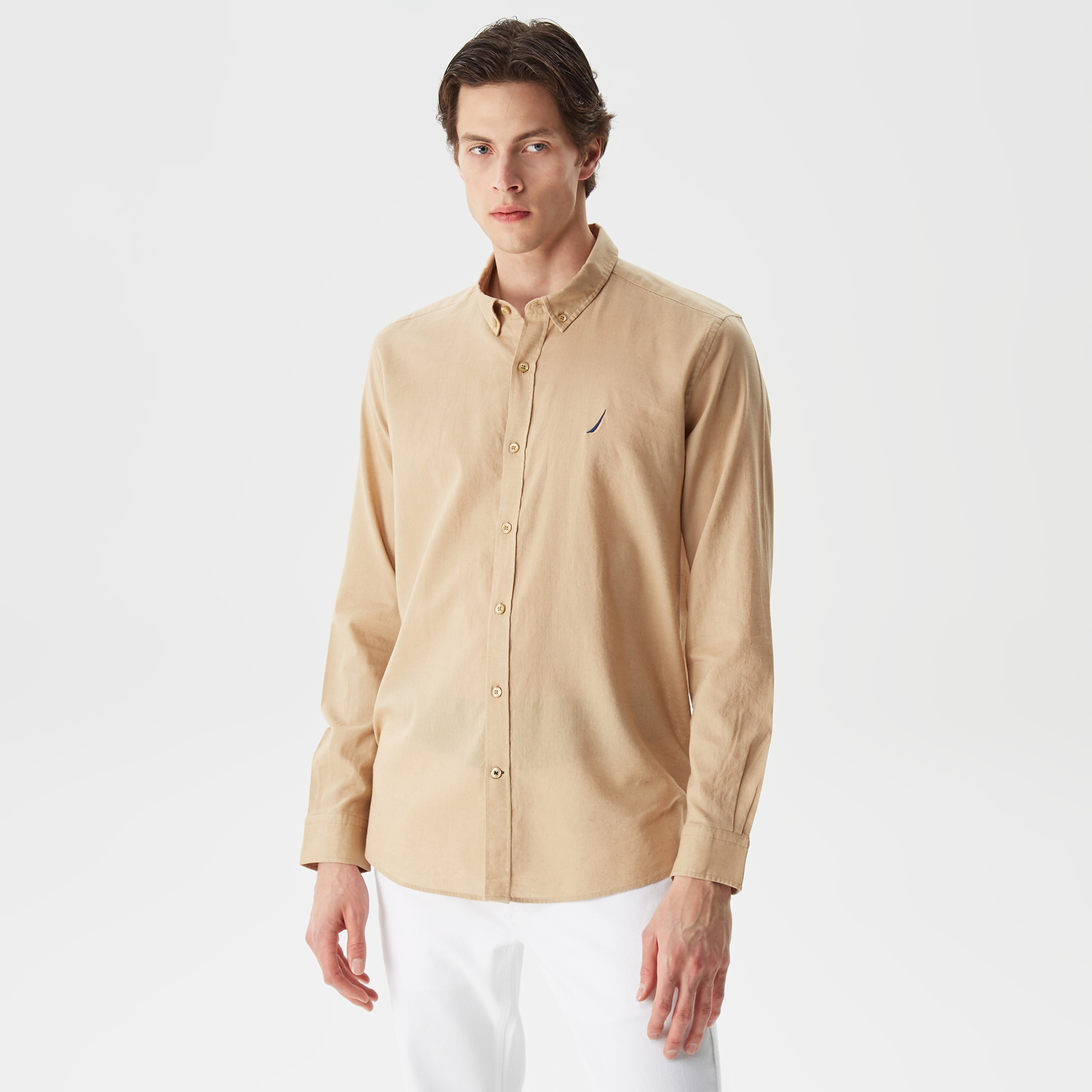 Nautica Erkek Bej Classic Fit Uzun Kollu Keten Gömlek