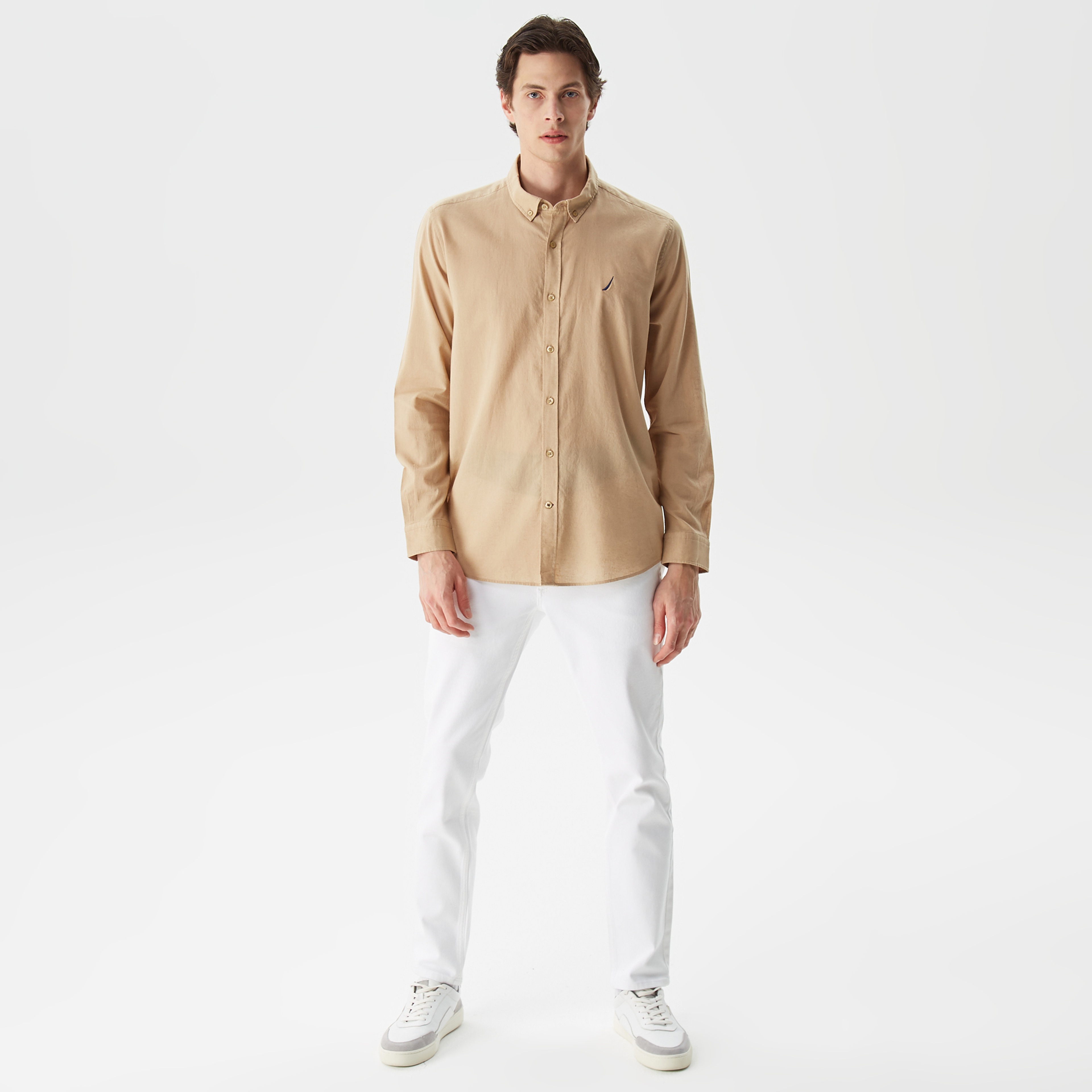 Nautica Erkek Bej Classic Fit Uzun Kollu Keten Gömlek
