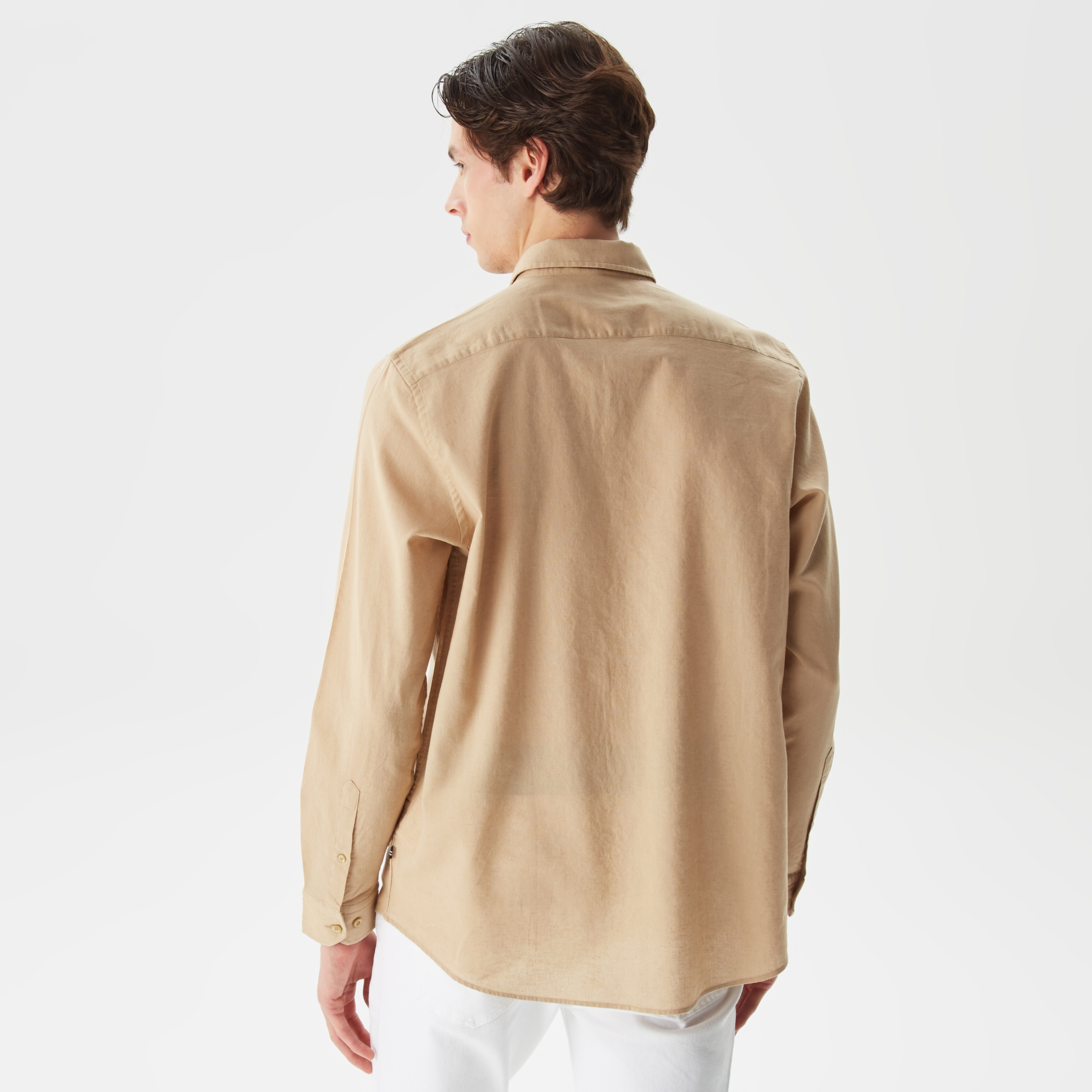 Nautica Erkek Bej Classic Fit Uzun Kollu Keten Gömlek