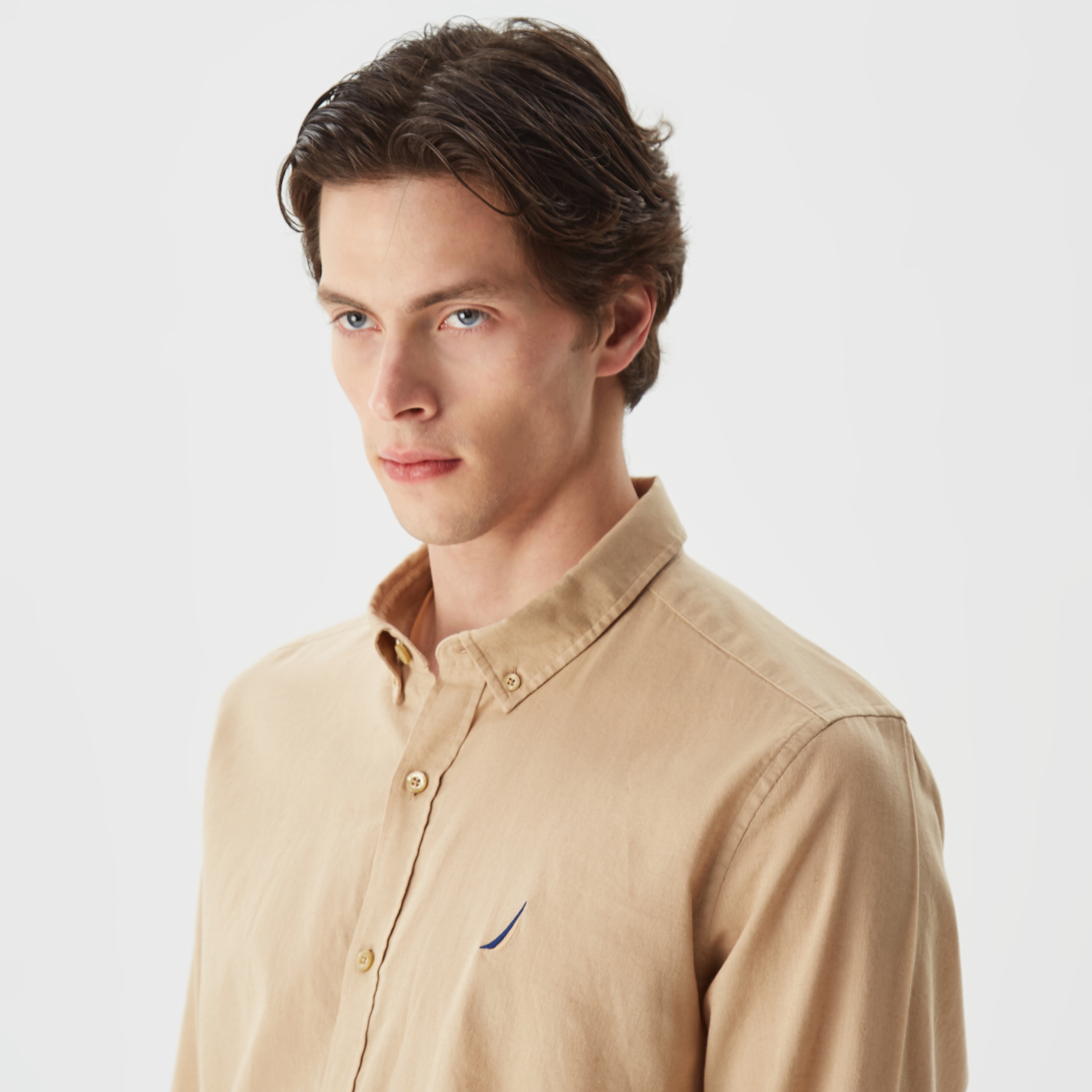 Nautica Erkek Bej Classic Fit Uzun Kollu Keten Gömlek
