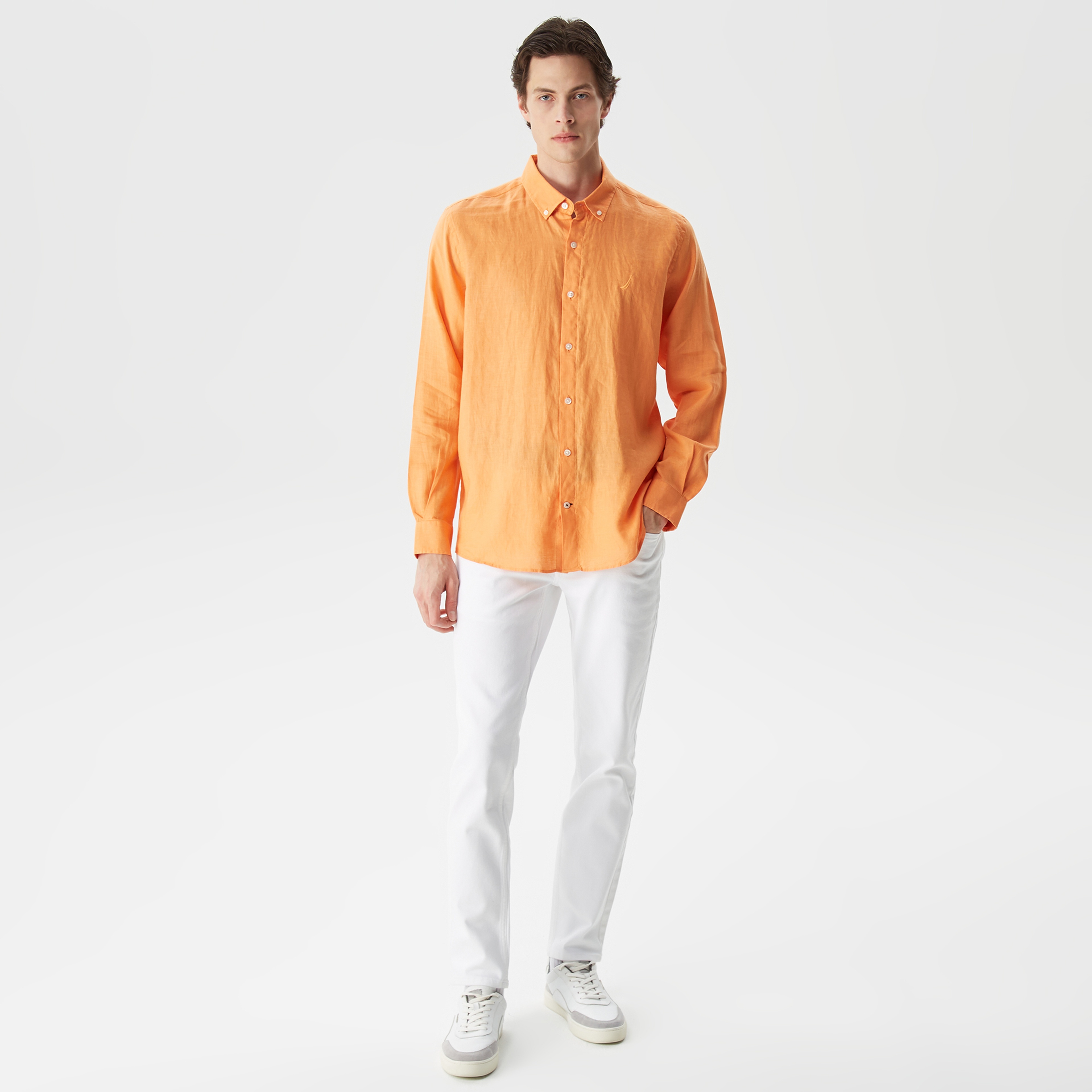 Nautica Erkek Turuncu Classic Fit Uzun Kollu Keten Gömlek