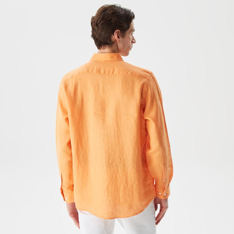 Nautica Erkek Turuncu Classic Fit Uzun Kollu Keten Gömlek
